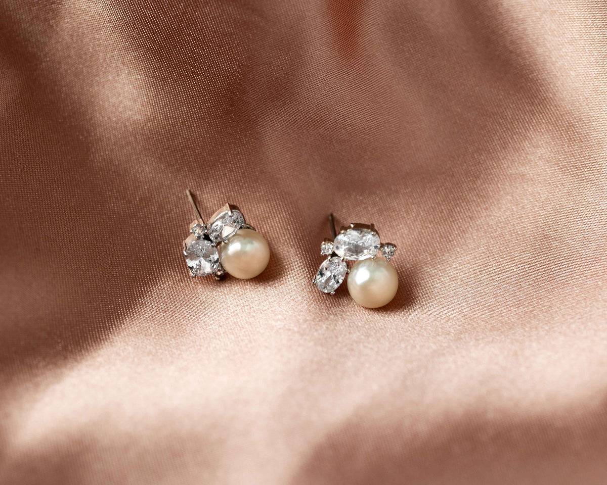 Pearl Stud Earrings with Oval CZ - Cassandra Lynne