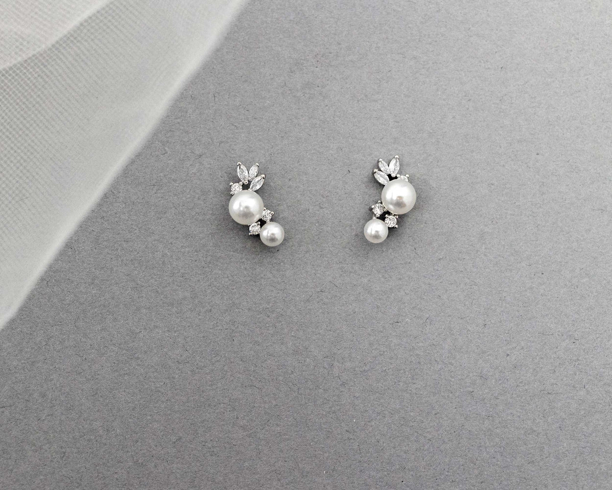 Leaf and Pearl CZ Stud Earrings - Cassandra Lynne