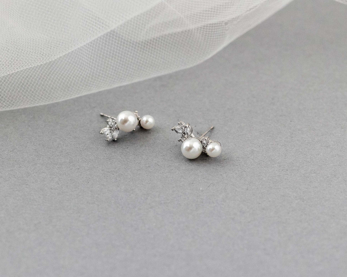 Leaf and Pearl CZ Stud Earrings - Cassandra Lynne