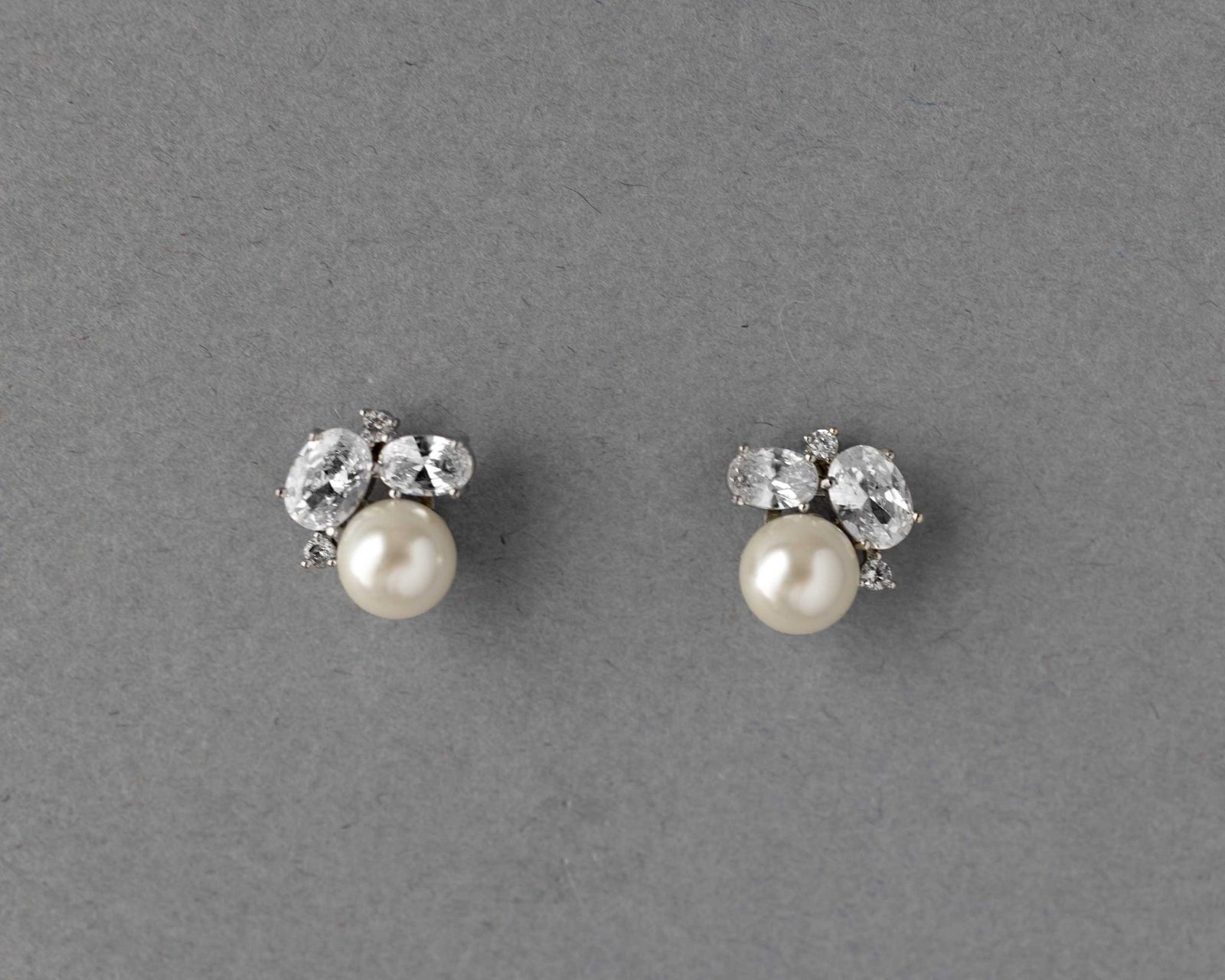 Pearl Stud Earrings with Oval CZ - Earrings - Cassandra Lynne