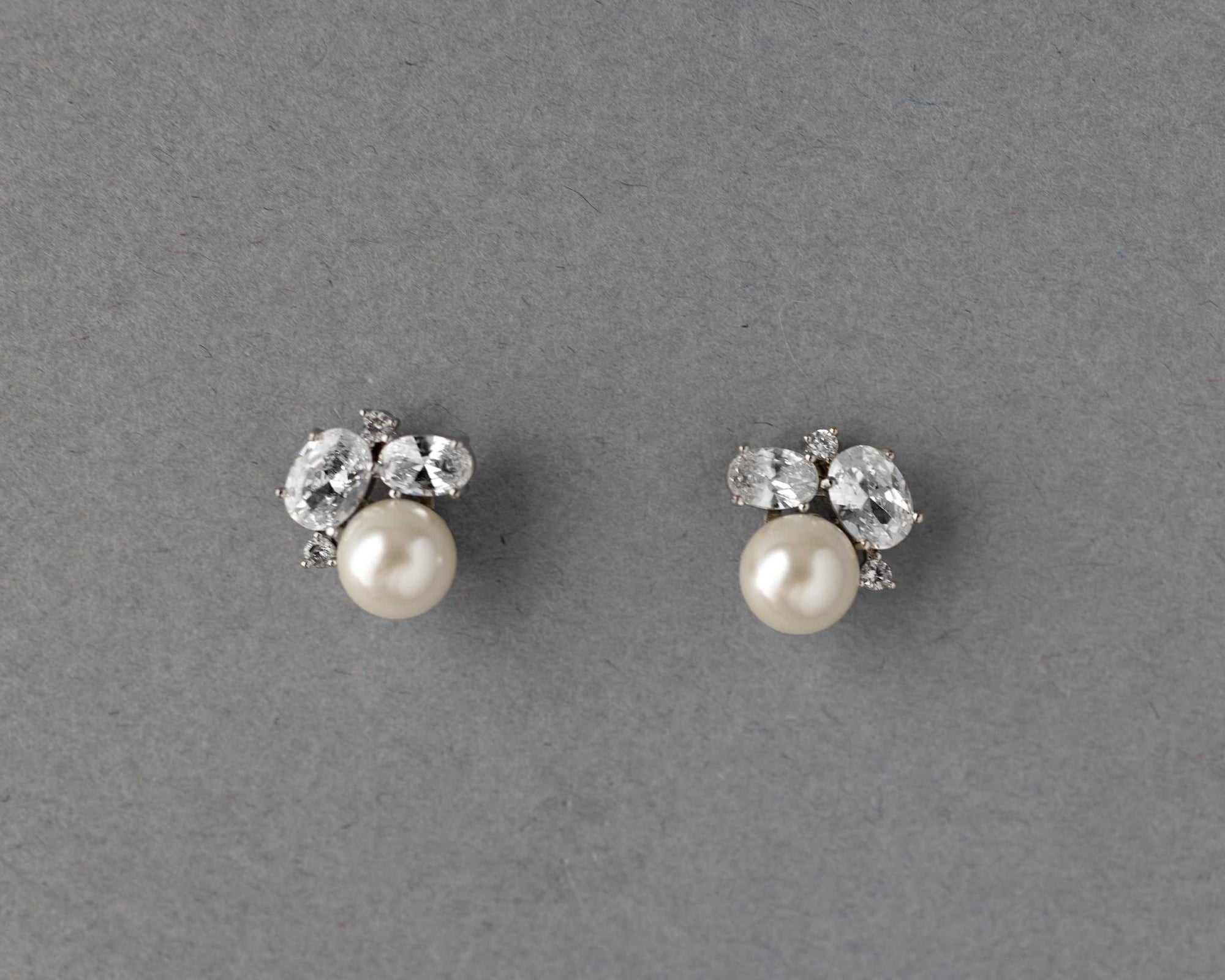 Pearl Stud Earrings with Oval CZ - Earrings - Cassandra Lynne