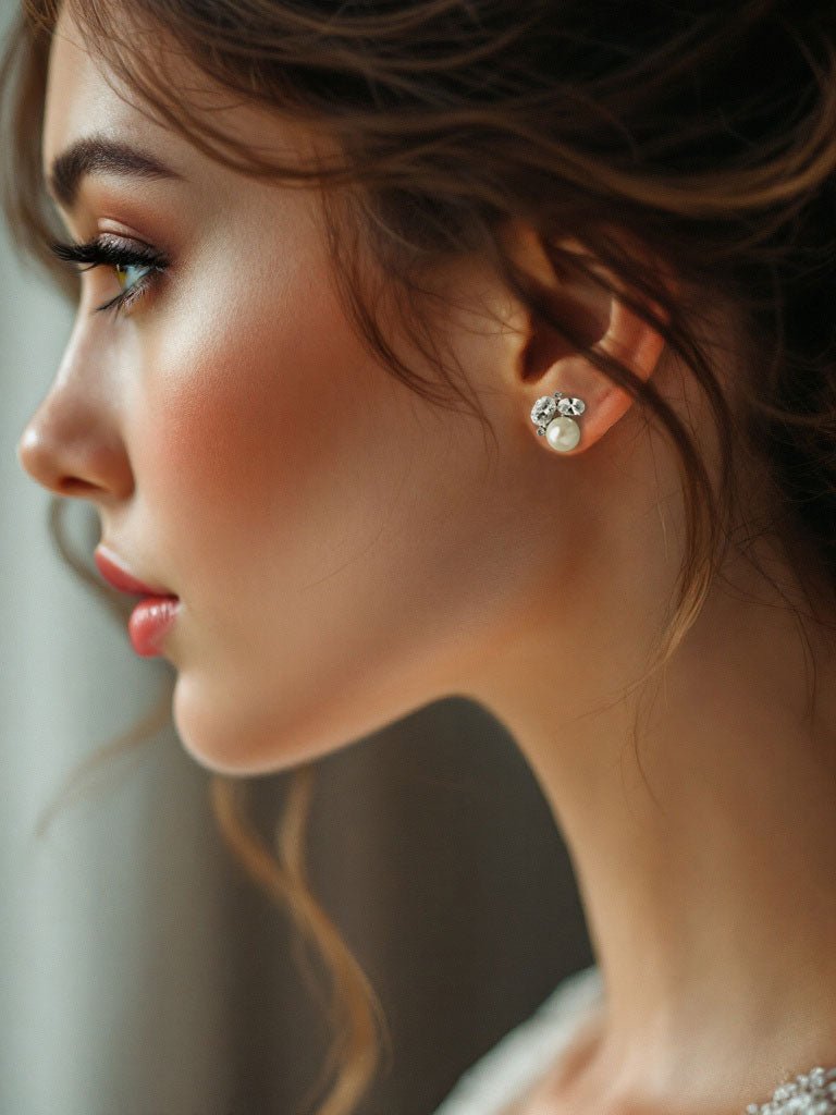 Pearl Stud Earrings with Oval CZ - Earrings - Cassandra Lynne