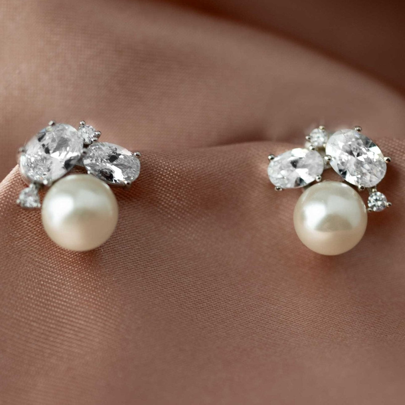 Pearl Stud Earrings with Oval CZ - Earrings - Cassandra Lynne
