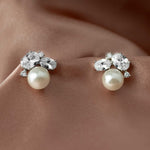 Pearl Stud Earrings with Oval CZ - Earrings - Cassandra Lynne