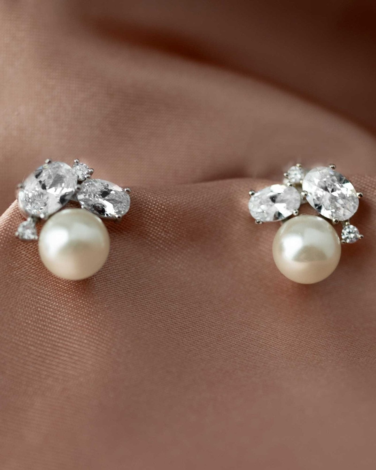 Pearl Stud Earrings with Oval CZ - Earrings - Cassandra Lynne