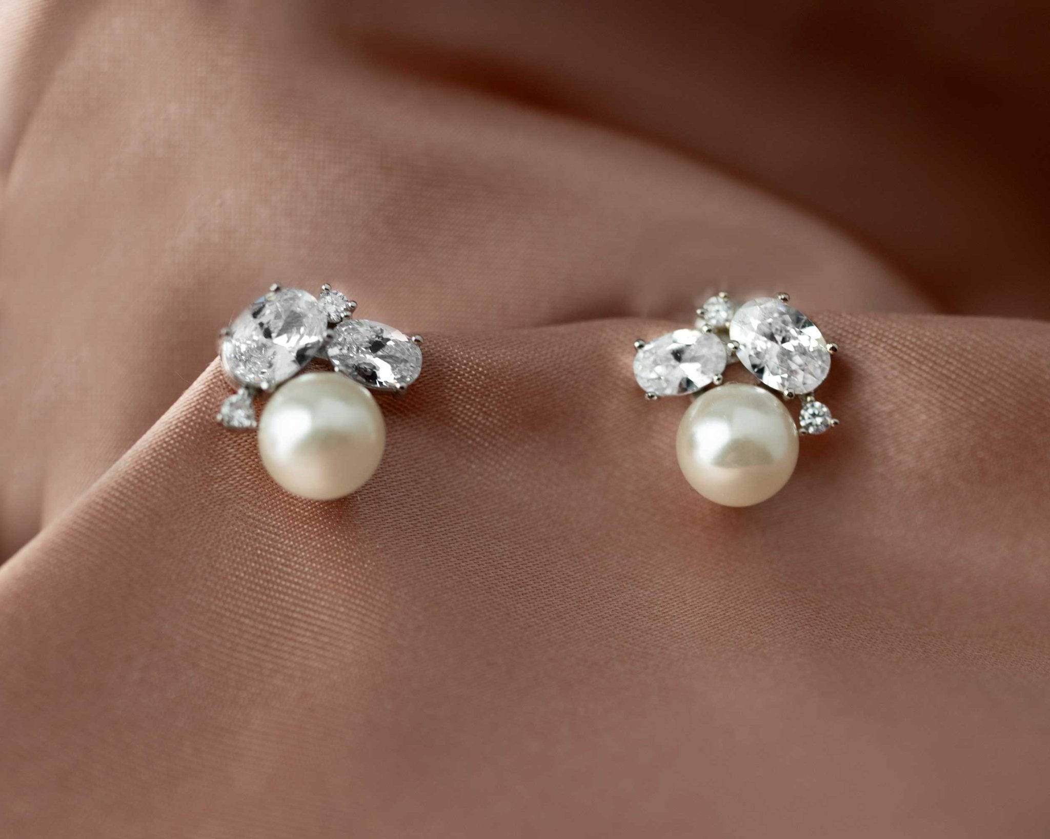 Pearl Stud Earrings with Oval CZ - Earrings - Cassandra Lynne