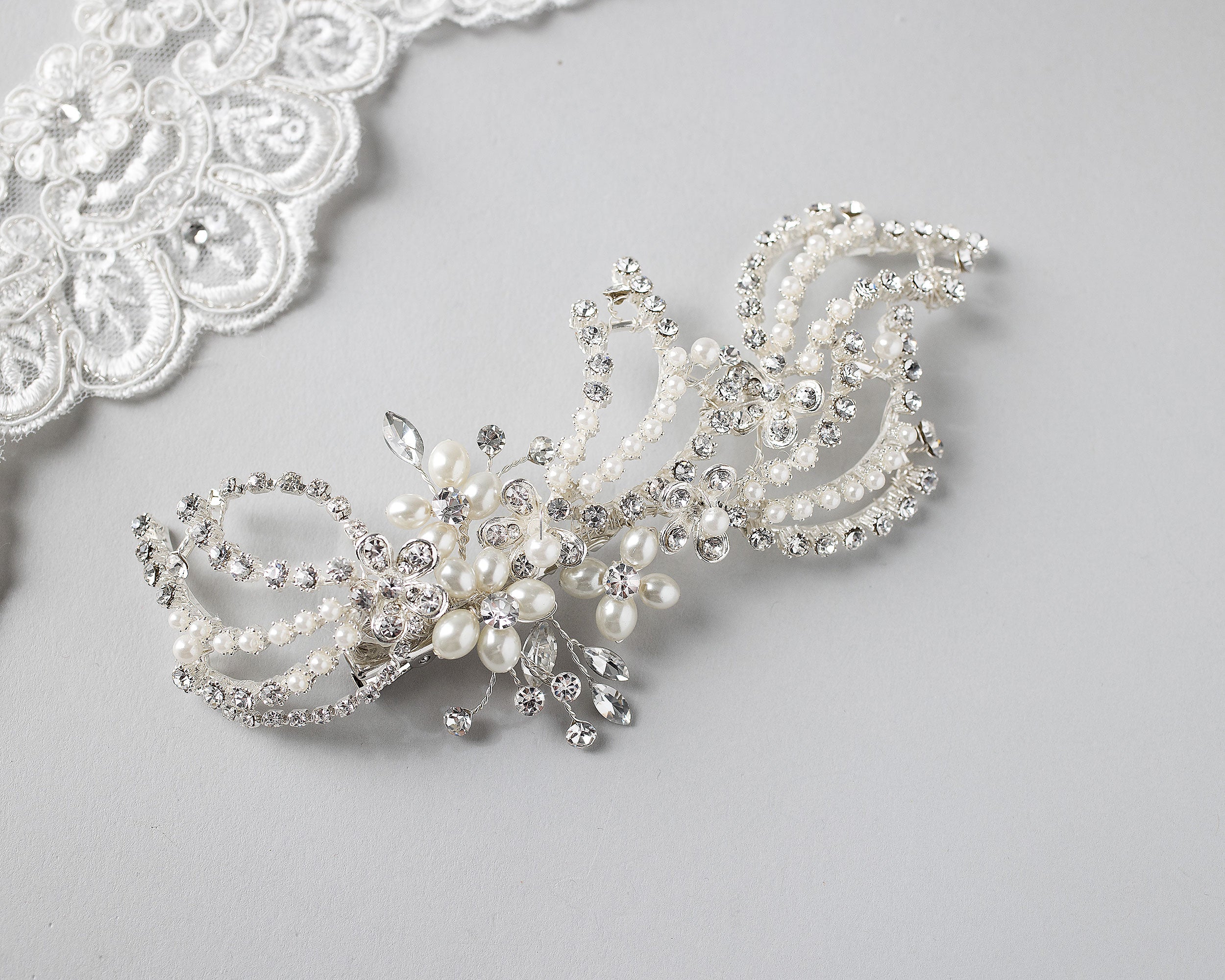 Wedding Seed Bead buy embroidery Pearl and Lace Cuff Bracelet and Matching French Clip Barrette