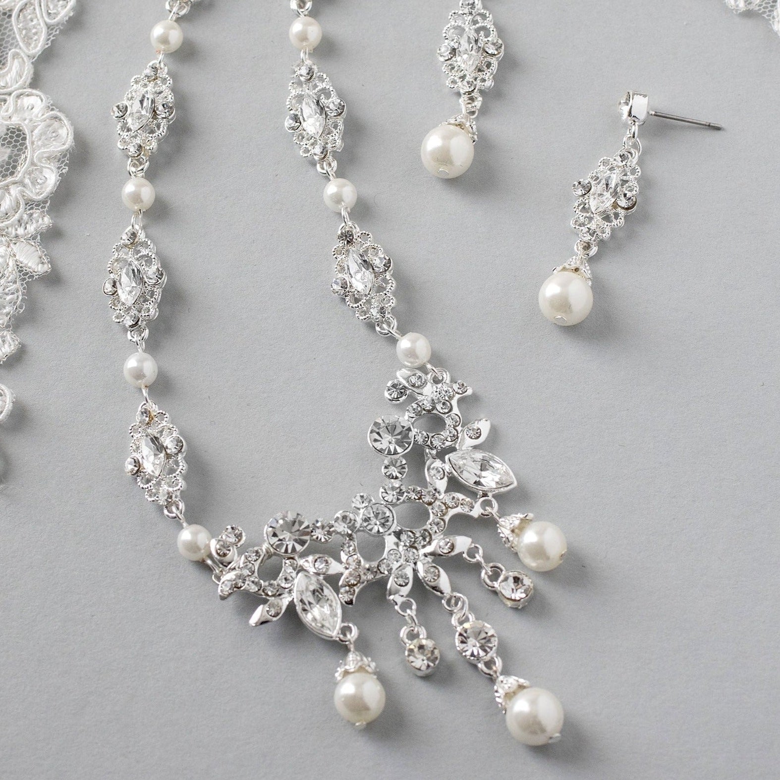 Pearl Wedding Chandelier Necklace Set - Necklace Set - Cassandra Lynne