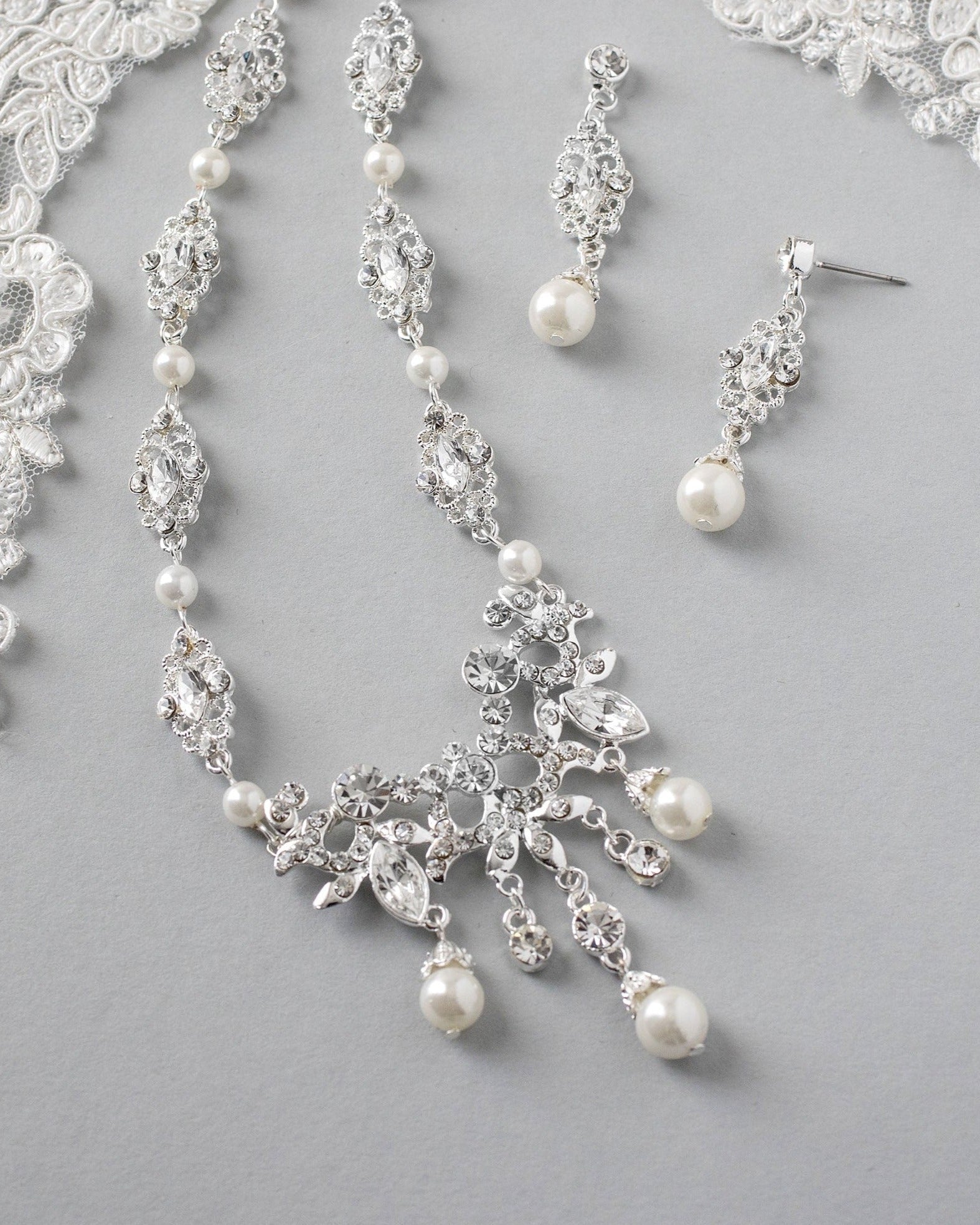 Pearl Wedding Chandelier Necklace Set - Necklace Set - Cassandra Lynne