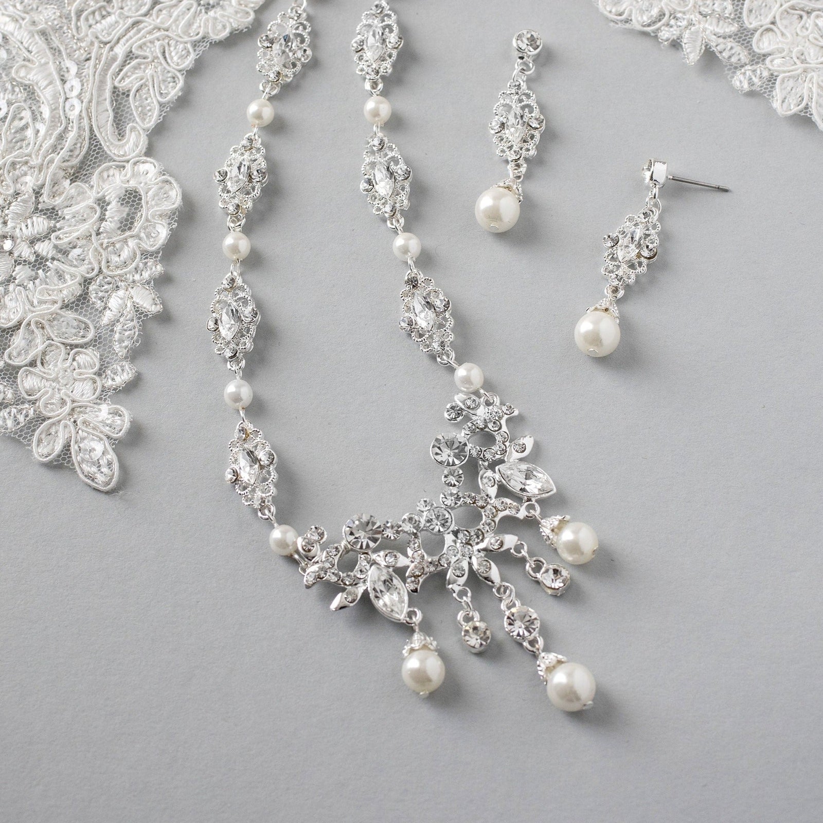 Pearl Wedding Chandelier Necklace Set - Necklace Set - Cassandra Lynne