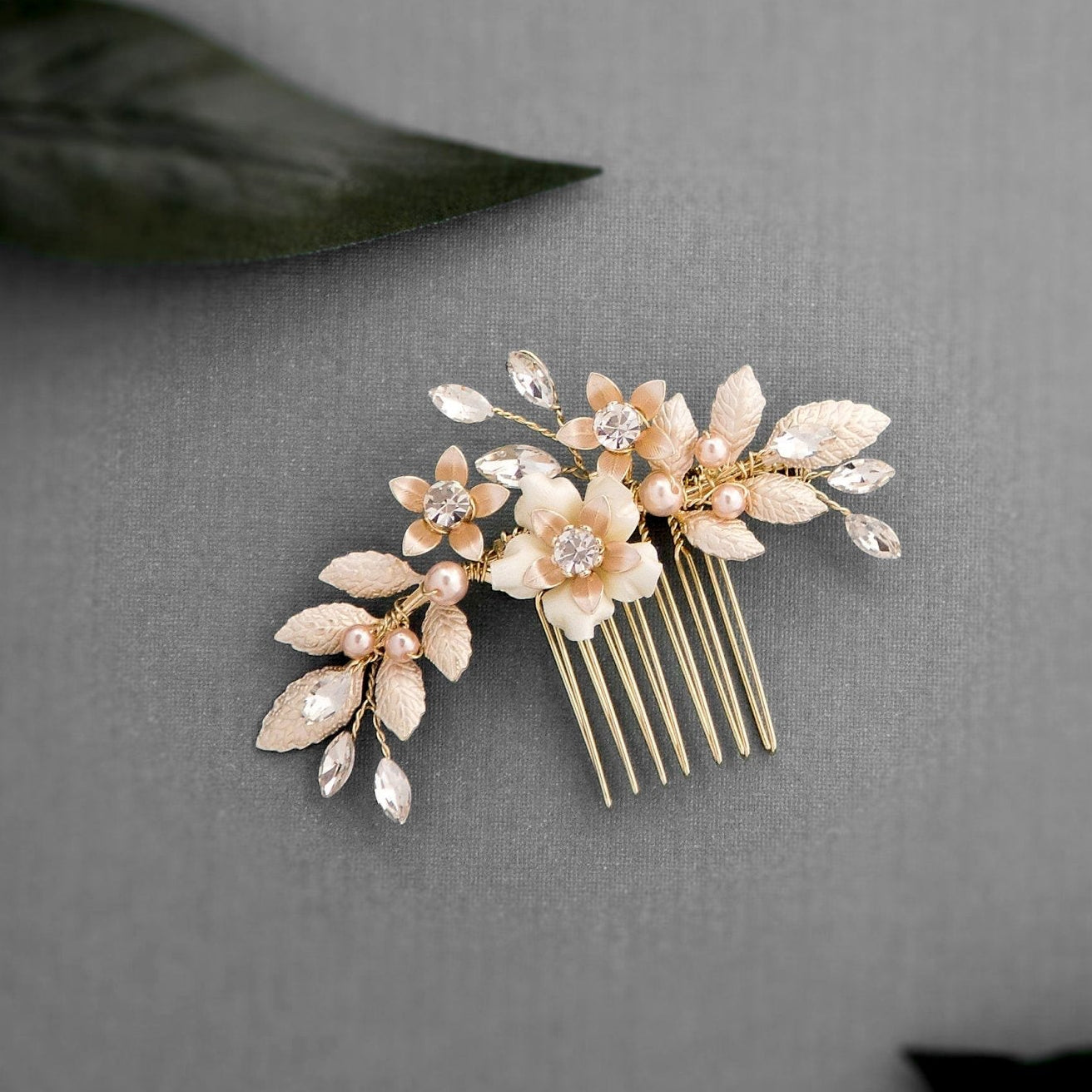 Pearl Wedding Comb with Porcelain Luster Flower - Hair Comb - Cassandra Lynne