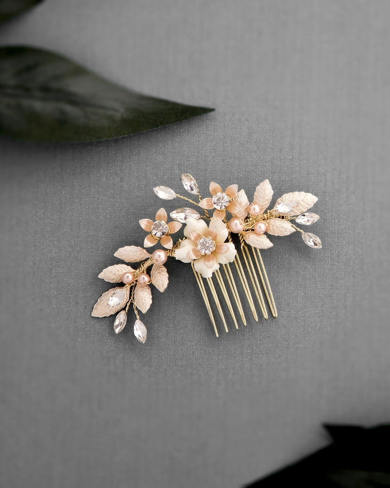 Pearl Wedding Comb with Porcelain Luster Flower - Hair Comb - Cassandra Lynne