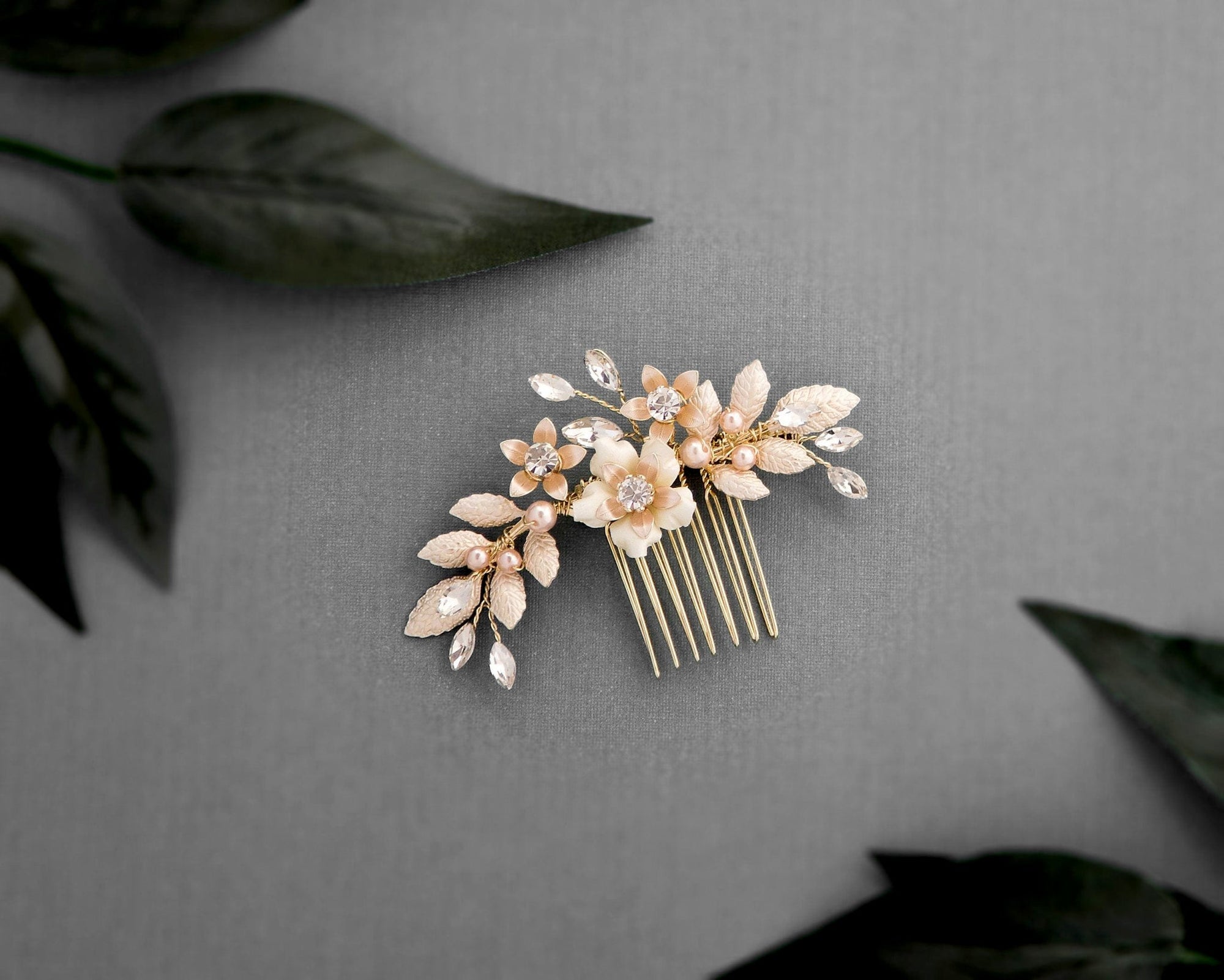 Pearl Wedding Comb with Porcelain Luster Flower - Hair Comb - Cassandra Lynne