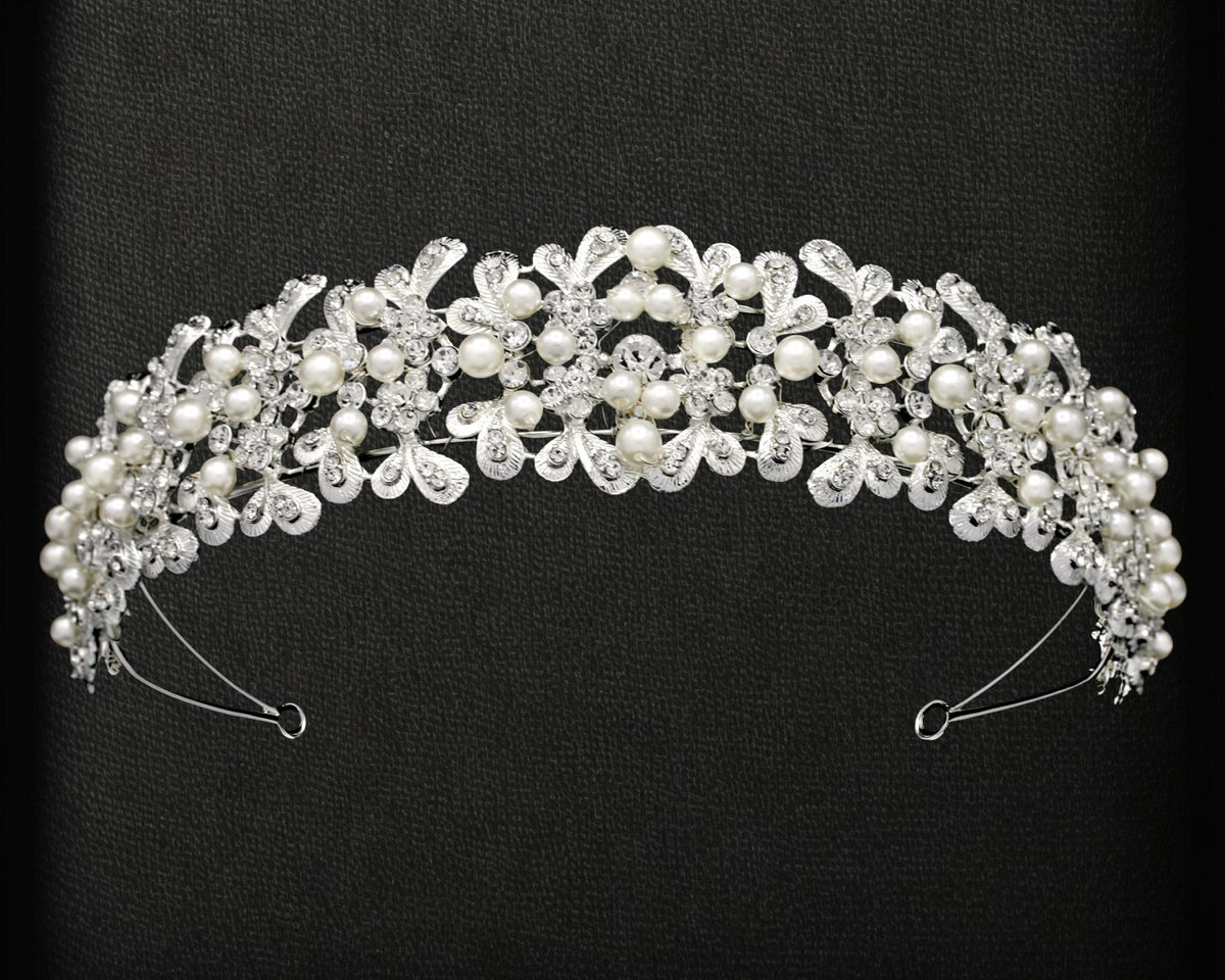 Wedding Headband with Ivory Pearls and Silver Leaves Cassandra Lynne