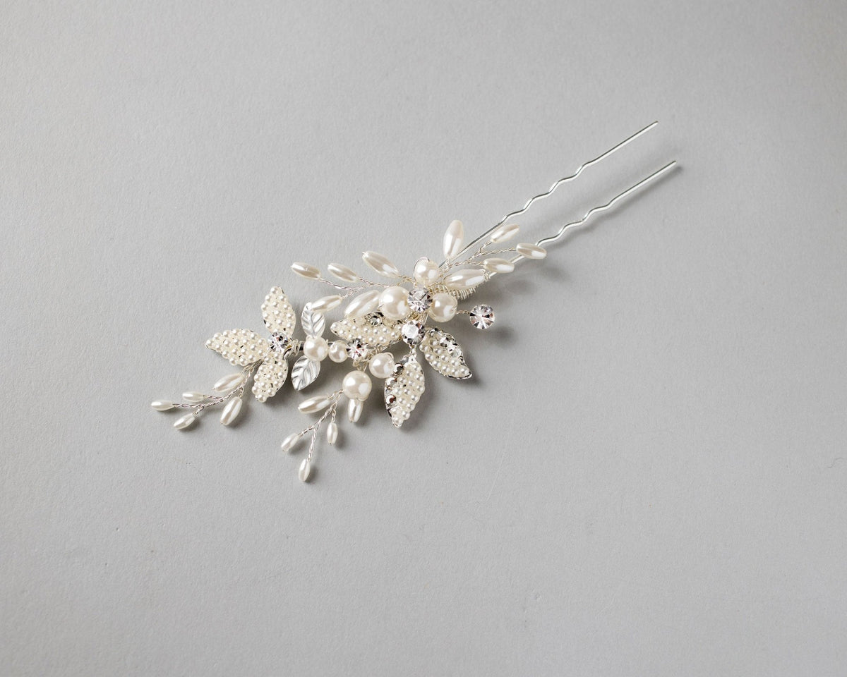 Pearled Leaves and Oat Beads Wedding Hair Pin - Hair Pins - Cassandra Lynne