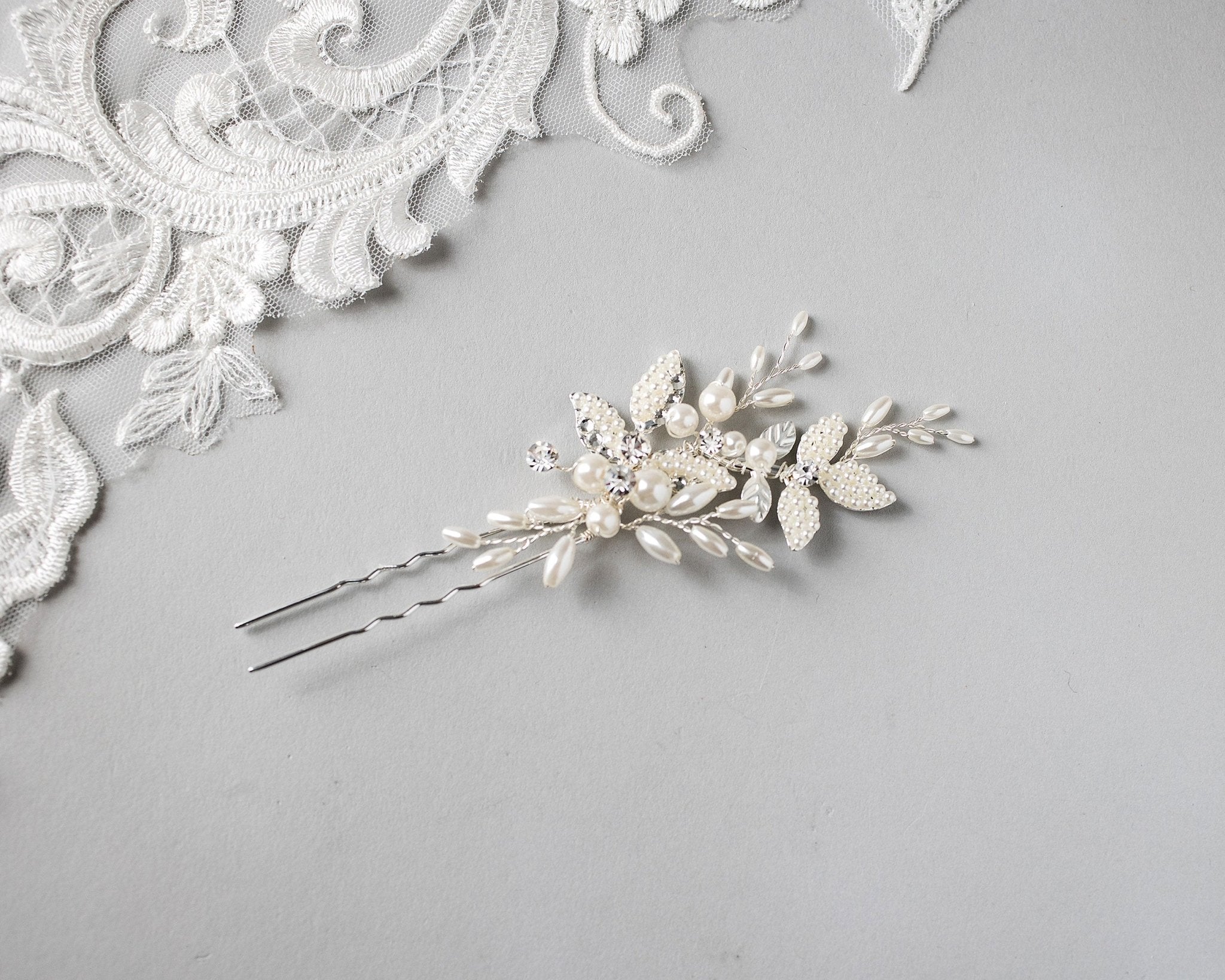 Pearled Leaves and Oat Beads Wedding Hair Pin - Hair Pins - Cassandra Lynne