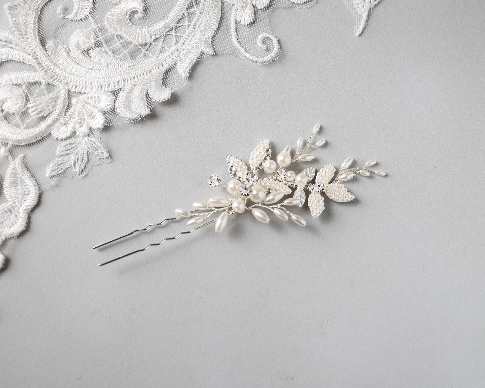 Pearled Leaves and Oat Beads Wedding Hair Pin - Hair Pins - Cassandra Lynne