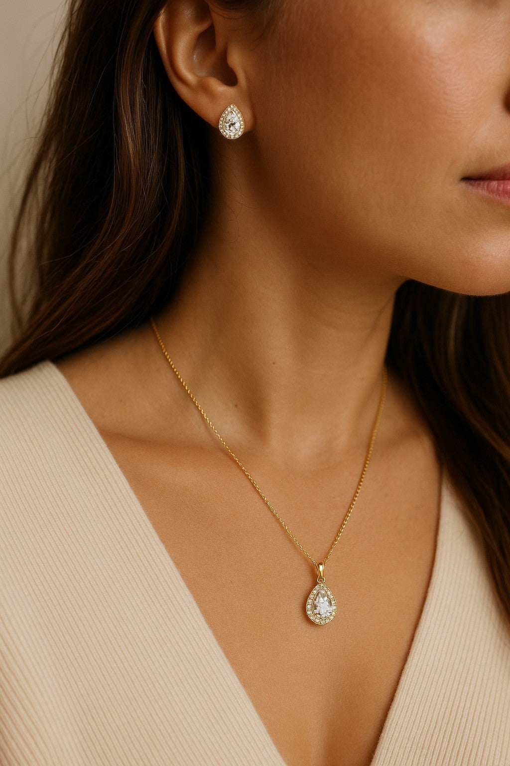 Classic CZ Necklace Pave Pear Bridal Pendant and Earrings