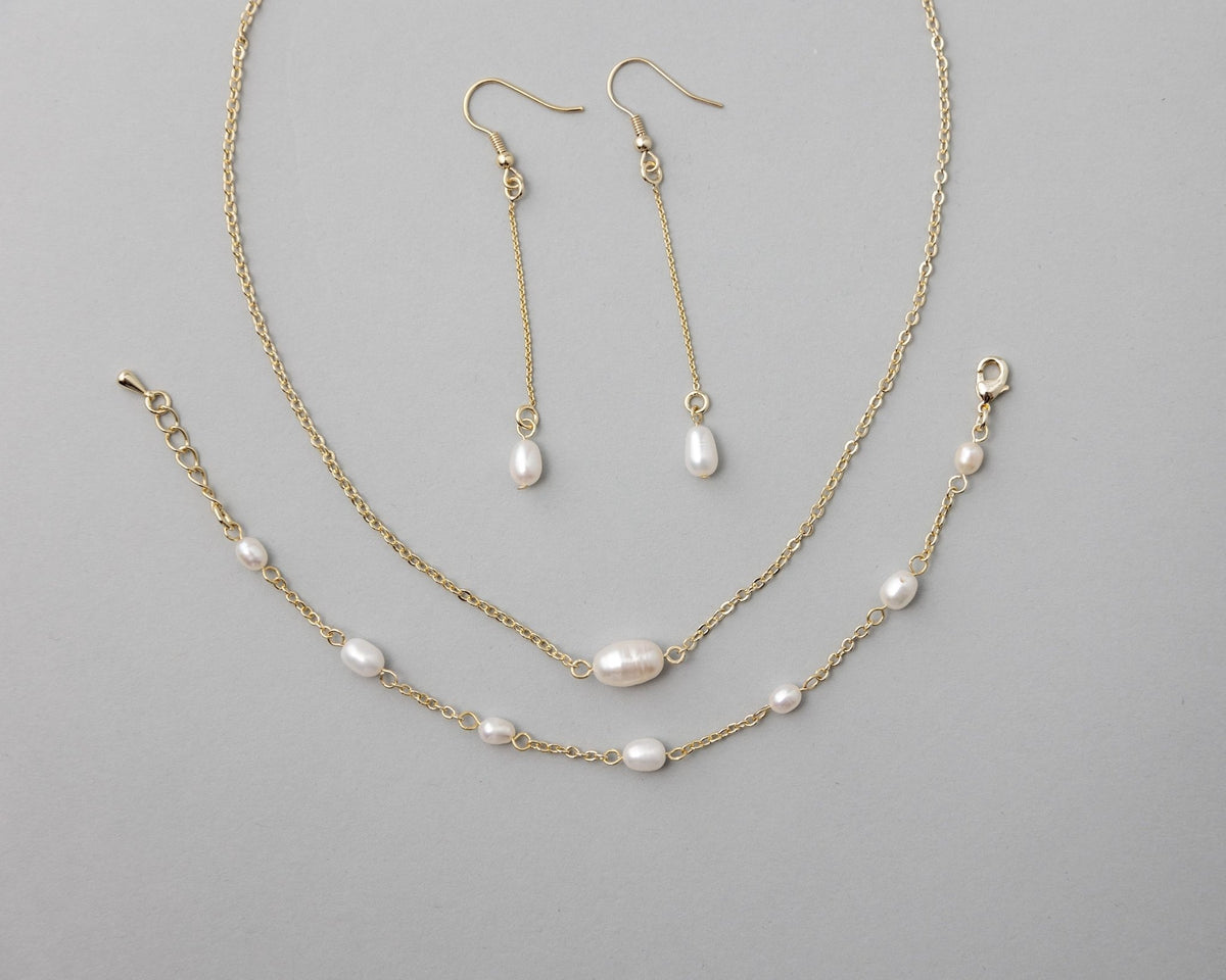 Petite Cultured Pearl Necklace Earrings and Bracelet - Necklace Set - Cassandra Lynne