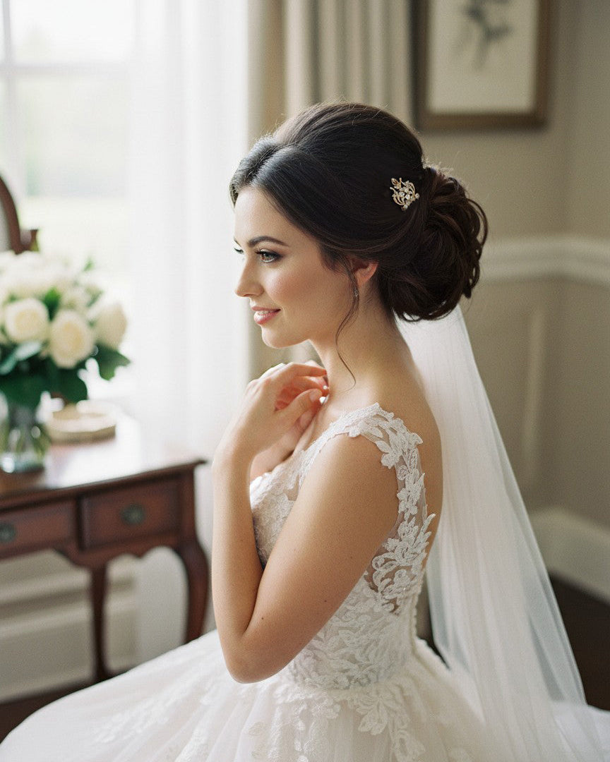 a bride in an ivory dress and veil with a small gold comb in her hair