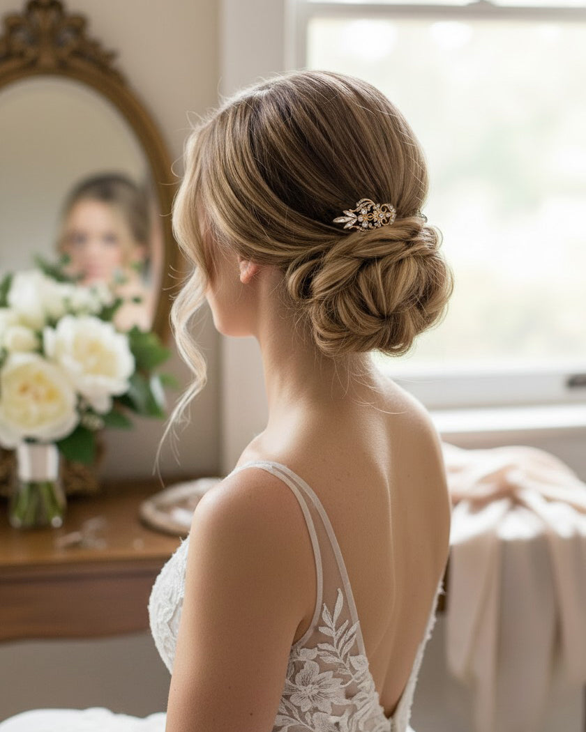 looking at the back of a bride with a blonde updo wearing a small intricate gold wedding hair comb.