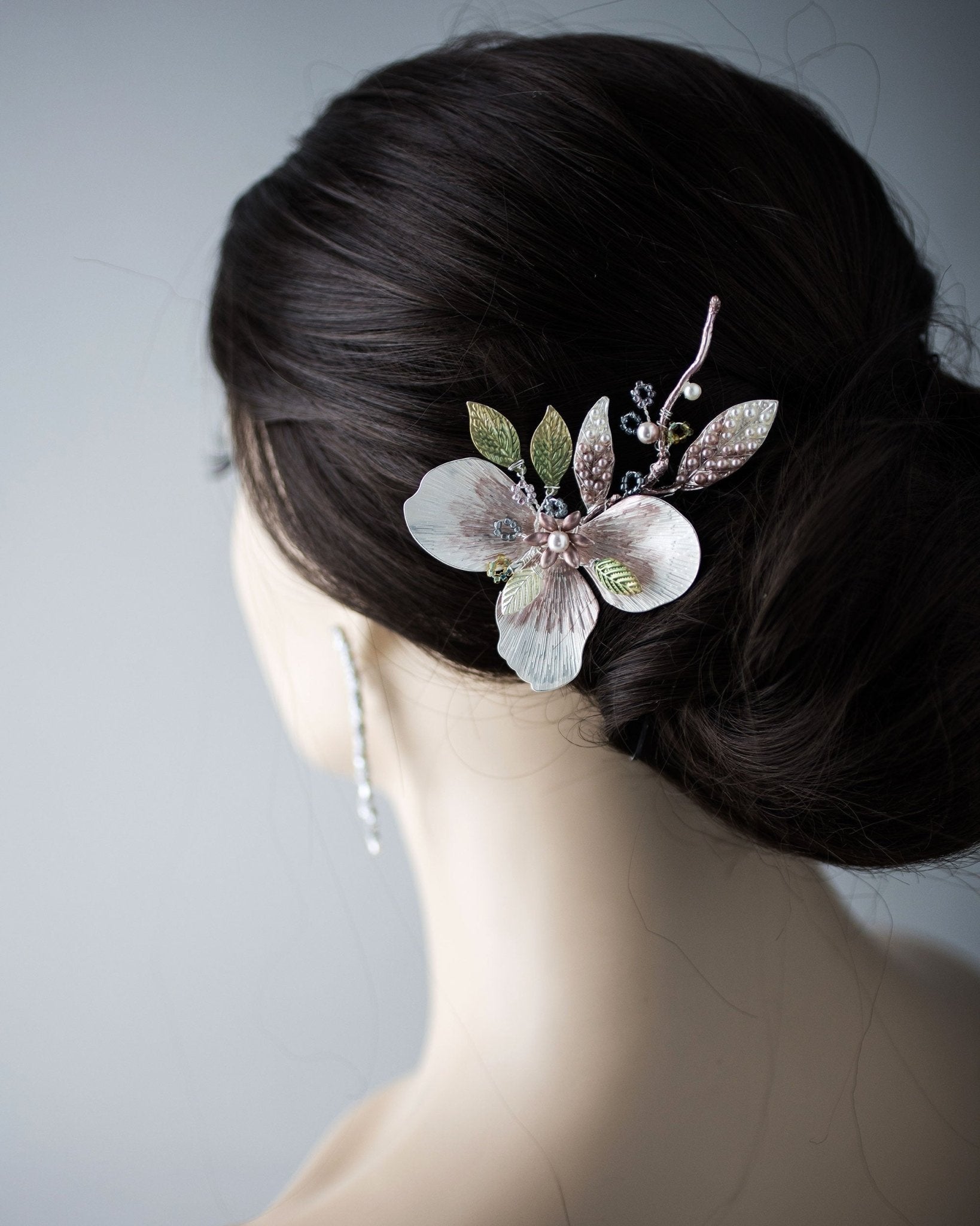 Pink and Green Floral Hair Clip with Pearls - Hair Clips - Cassandra Lynne