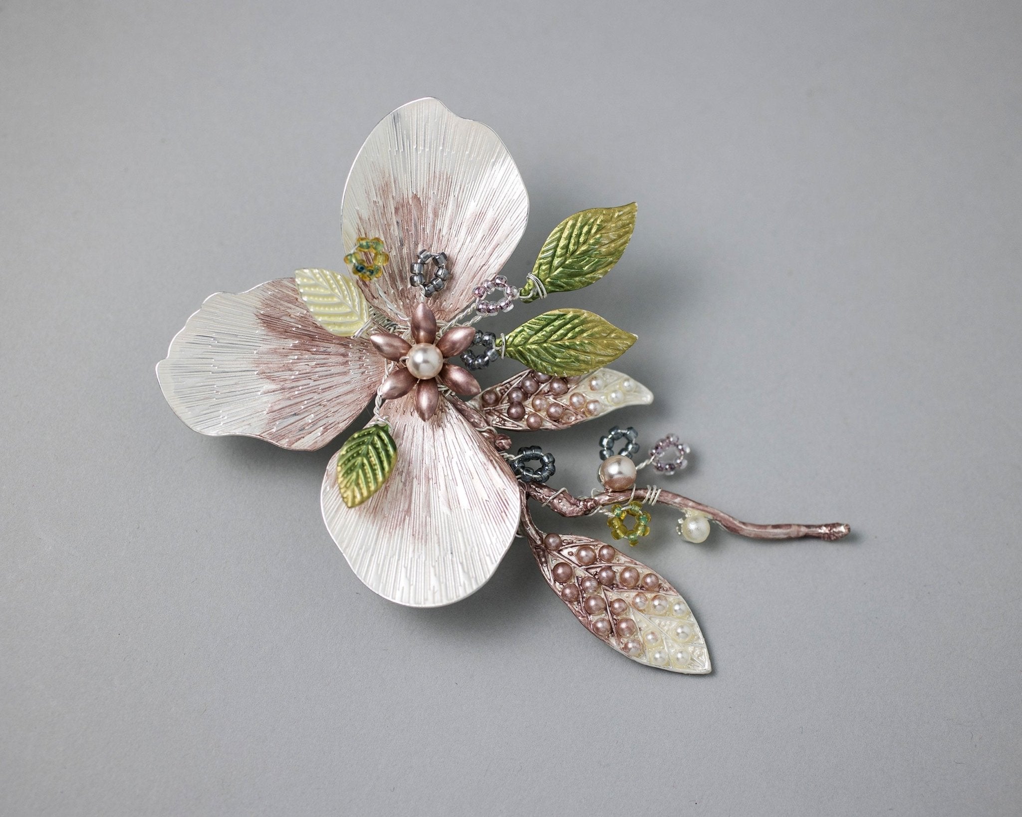 Pink and Green Floral Hair Clip with Pearls - Hair Clips - Cassandra Lynne