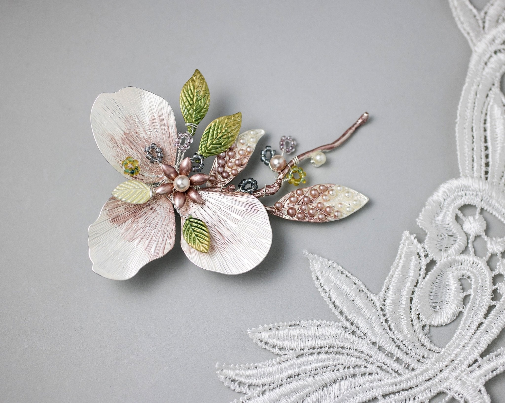 Pink and Green Floral Hair Clip with Pearls - Hair Clips - Cassandra Lynne