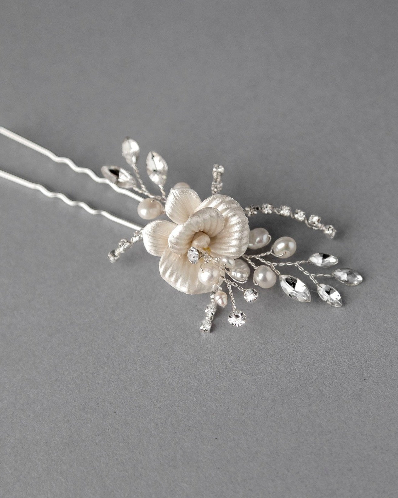 Porcelain Flower Bridal Hair Pin with Pearls - Hair Pins - Cassandra Lynne