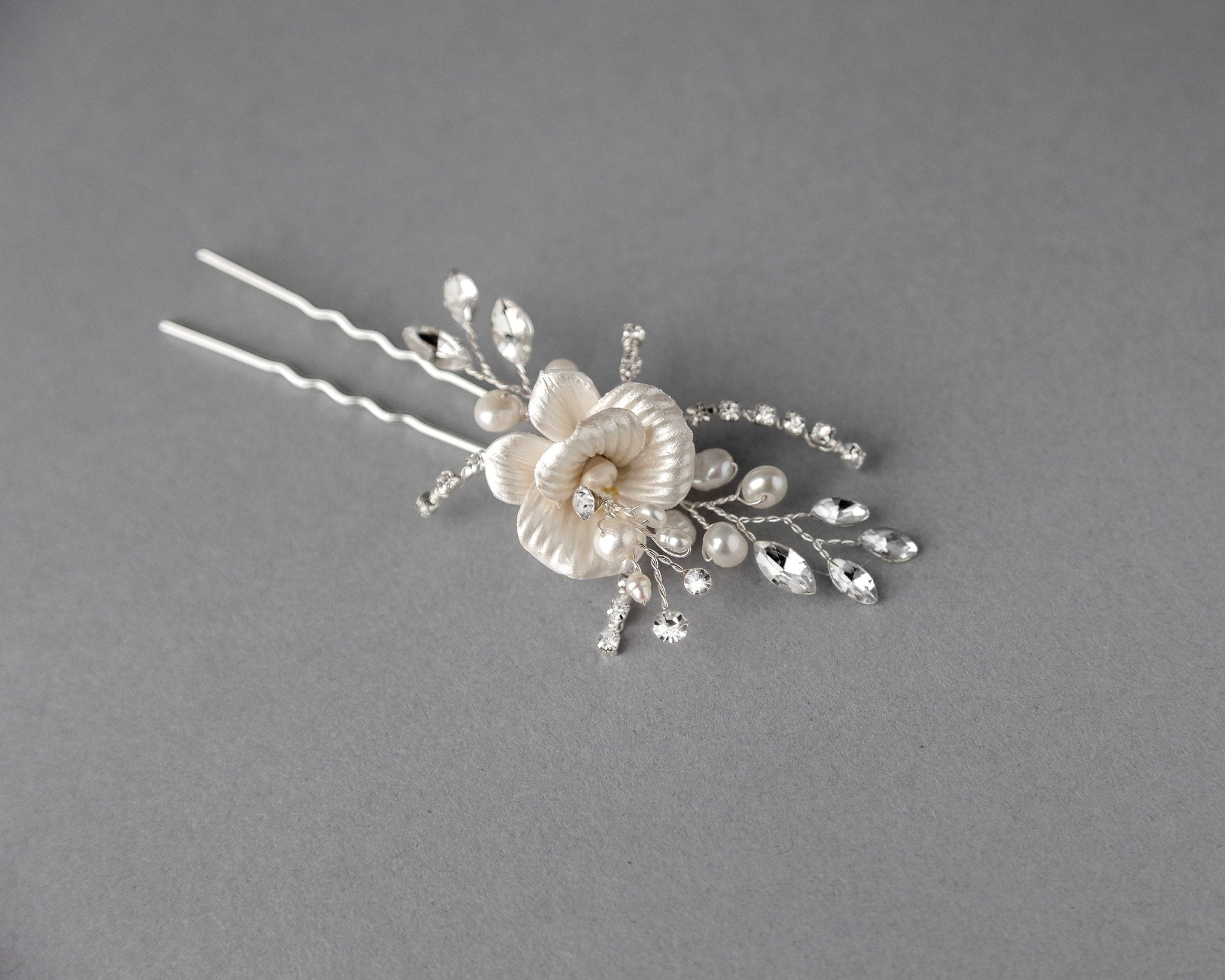 Porcelain Flower Bridal Hair Pin with Pearls - Hair Pins - Cassandra Lynne
