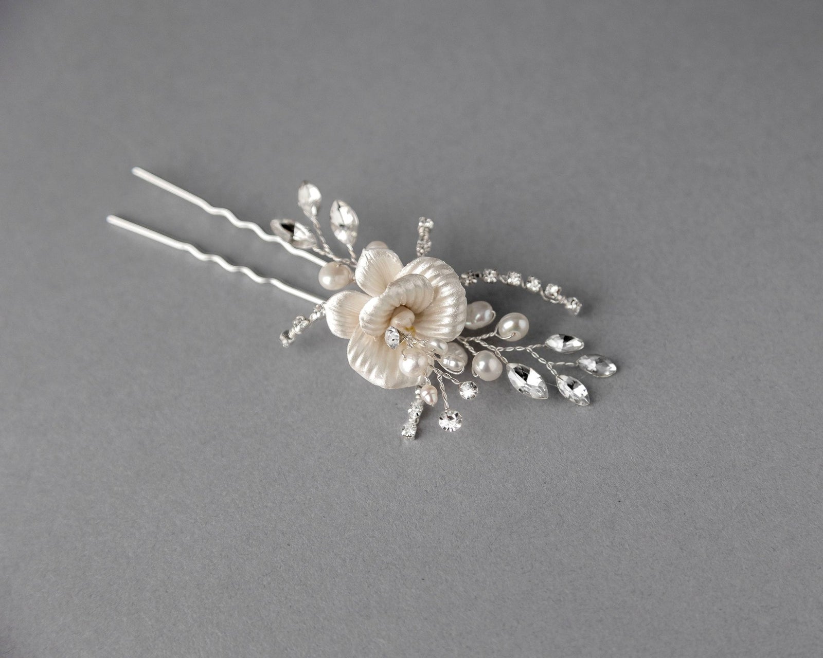 Porcelain Flower Bridal Hair Pin with Pearls - Hair Pins - Cassandra Lynne