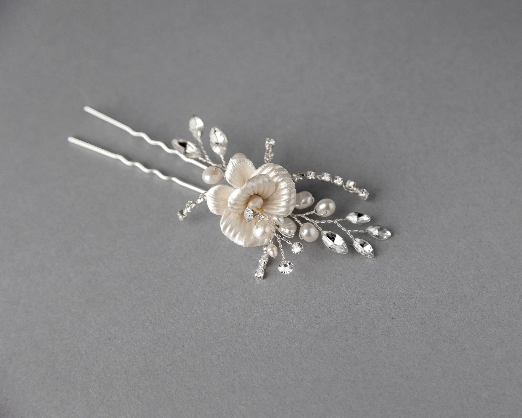 Porcelain Flower Bridal Hair Pin with Pearls - Hair Pins - Cassandra Lynne