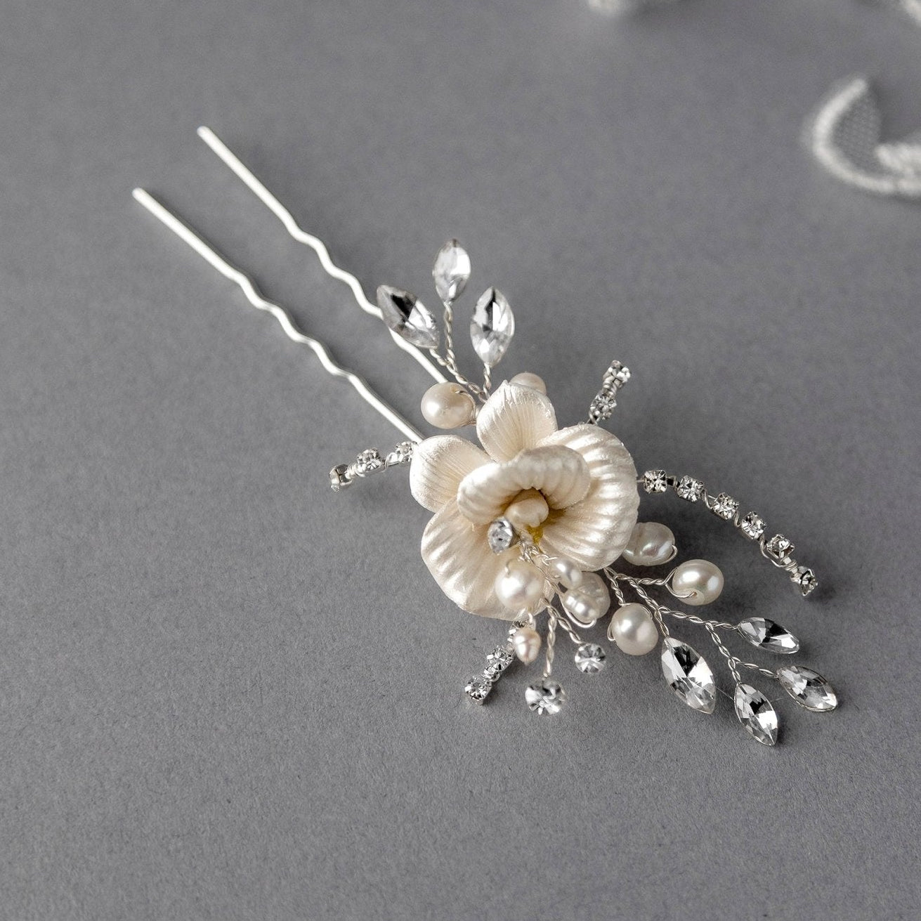 Porcelain Flower Bridal Hair Pin with Pearls - Hair Pins - Cassandra Lynne