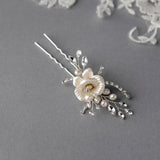 Porcelain Flower Bridal Hair Pin with Pearls - Hair Pins - Cassandra Lynne