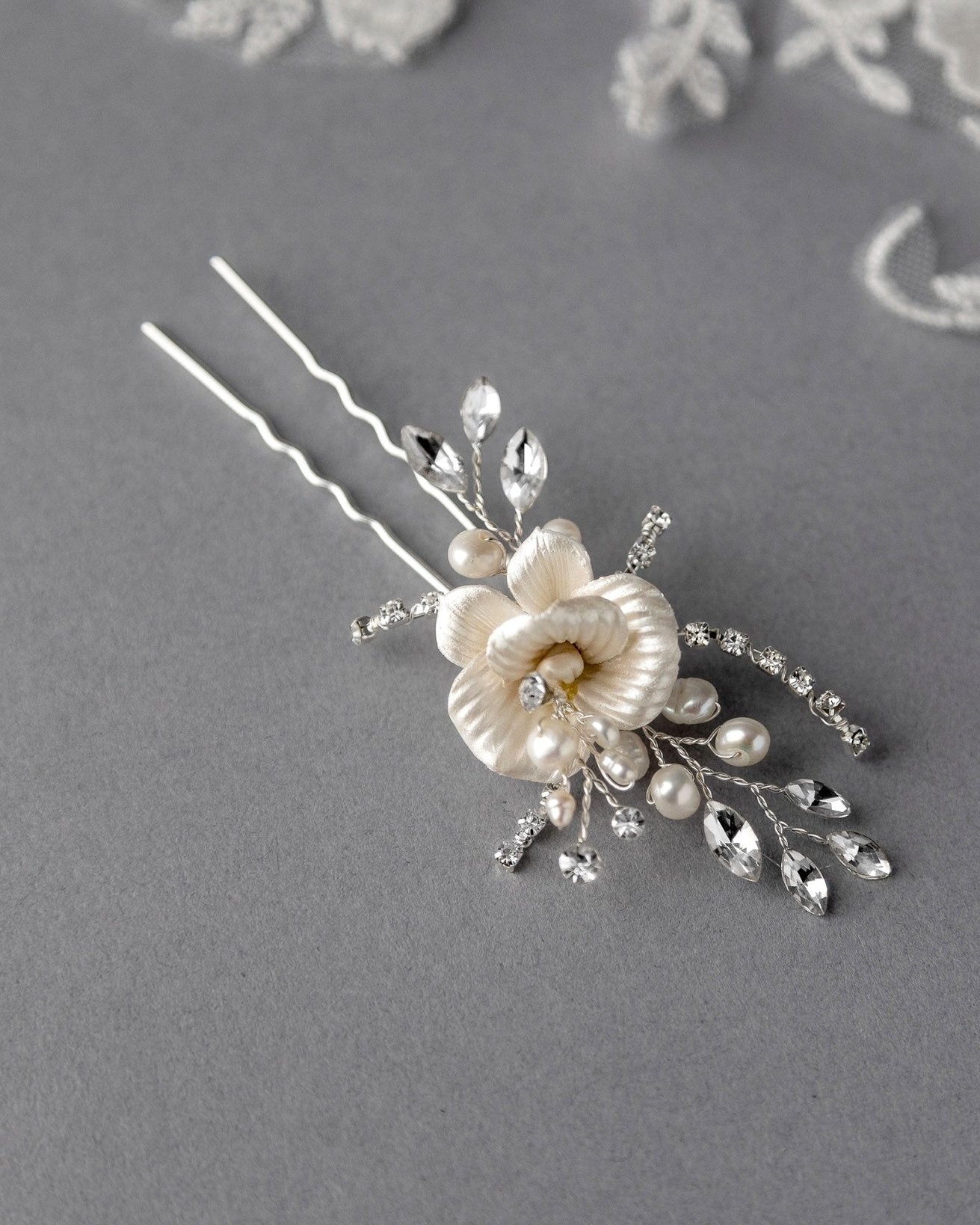 Porcelain Flower Bridal Hair Pin with Pearls - Hair Pins - Cassandra Lynne