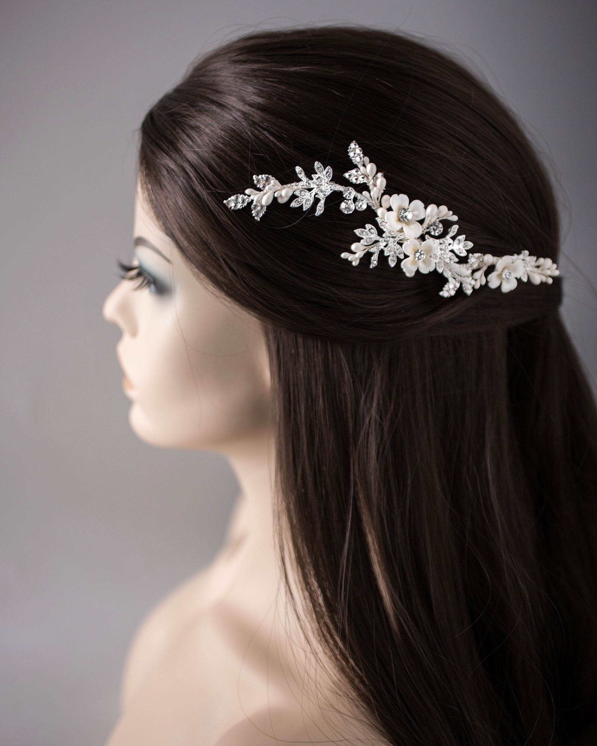 Wedding Hair Clip with Ivory Porcelain Flowers