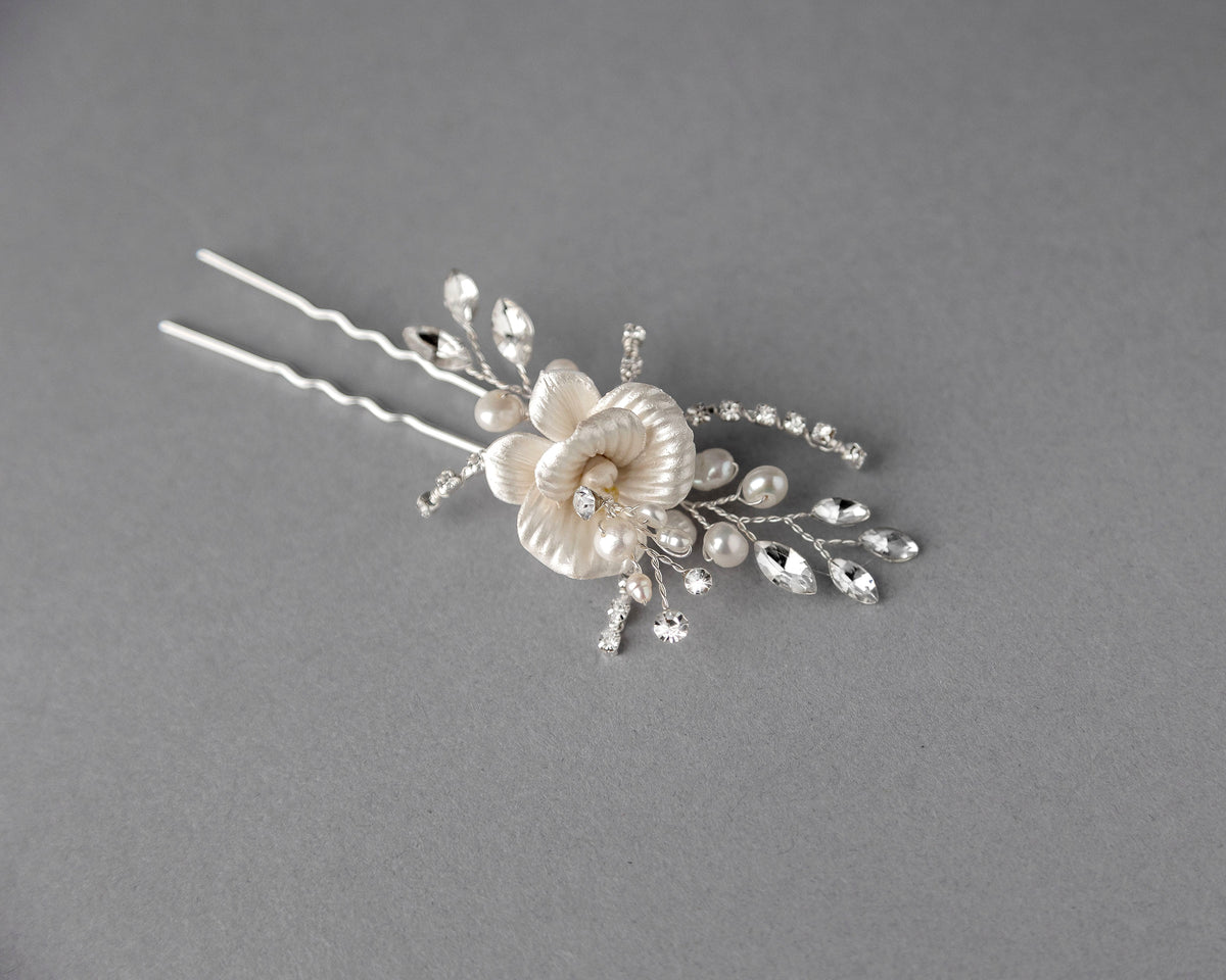 Porcelain Flower Bridal Hair Pin with Pearls - Cassandra Lynne