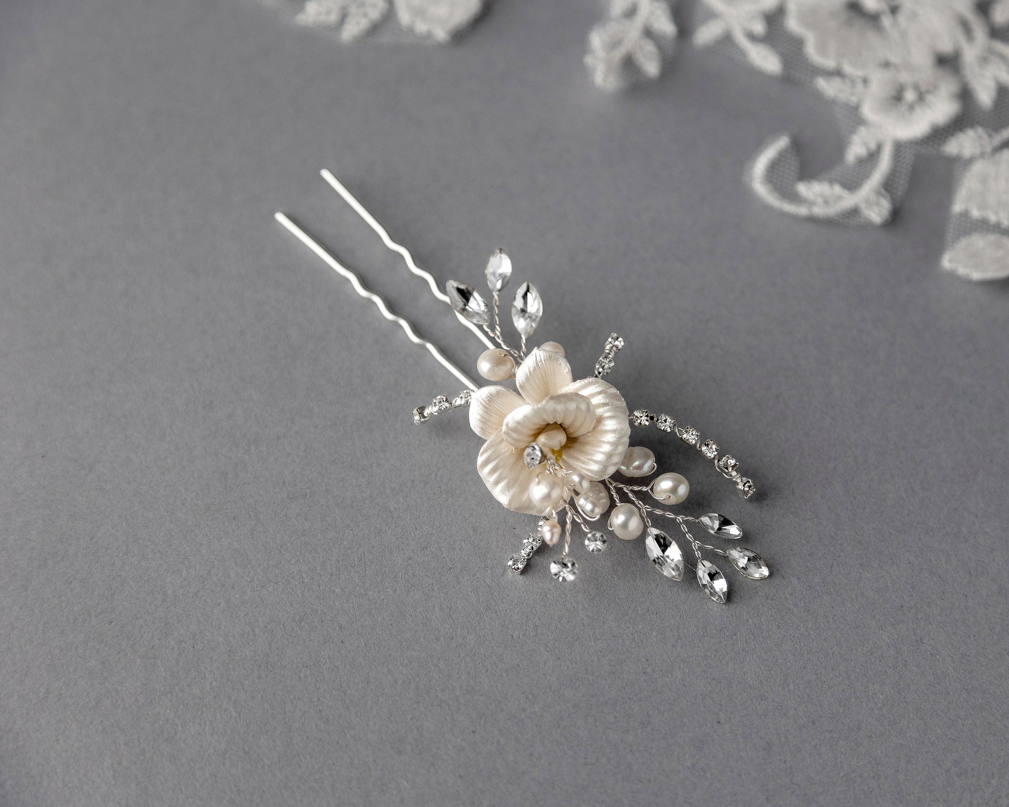 Porcelain Flower Bridal Hair Pin with Pearls - Cassandra Lynne