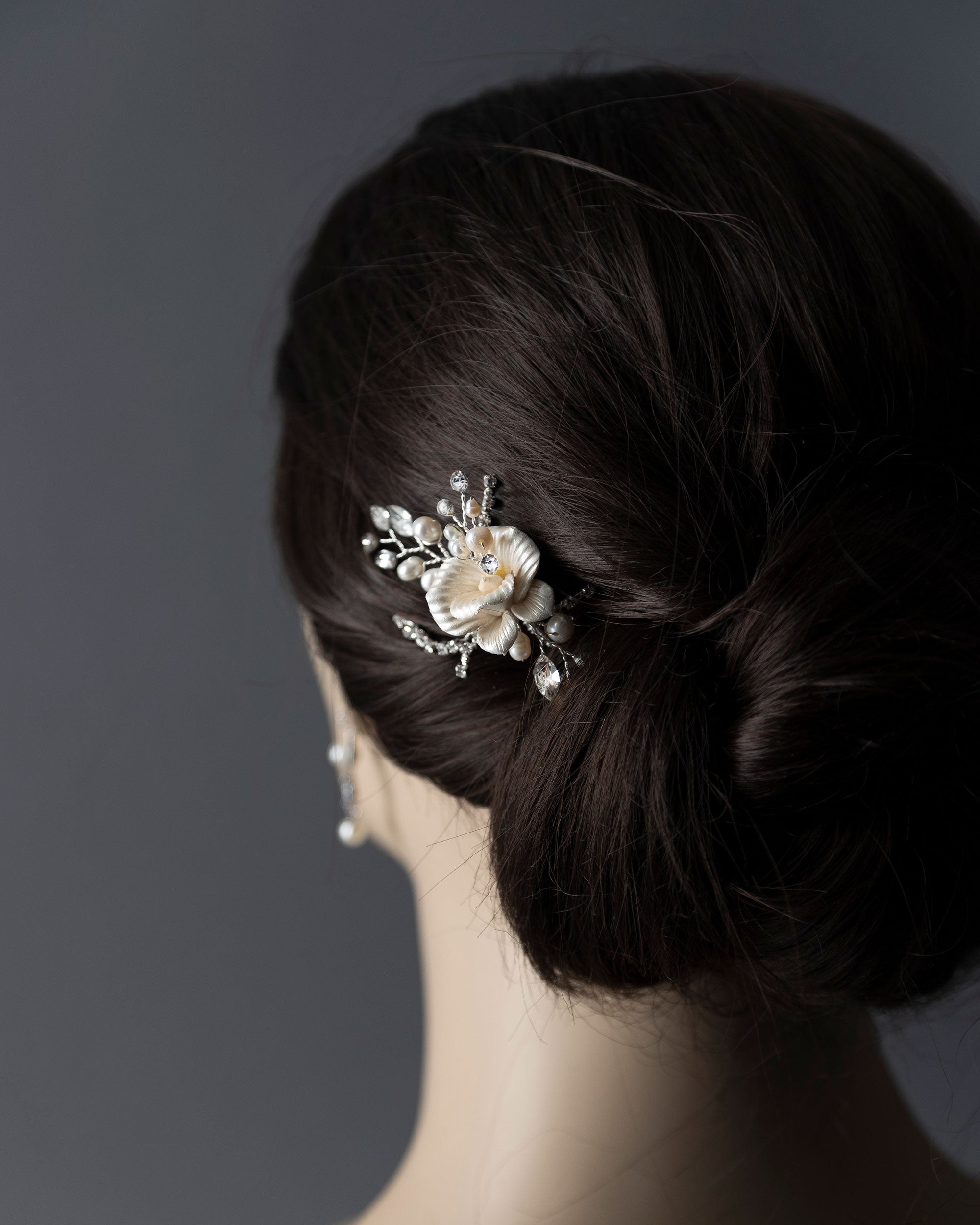 Porcelain Flower Bridal Hair Pin with Pearls - Cassandra Lynne