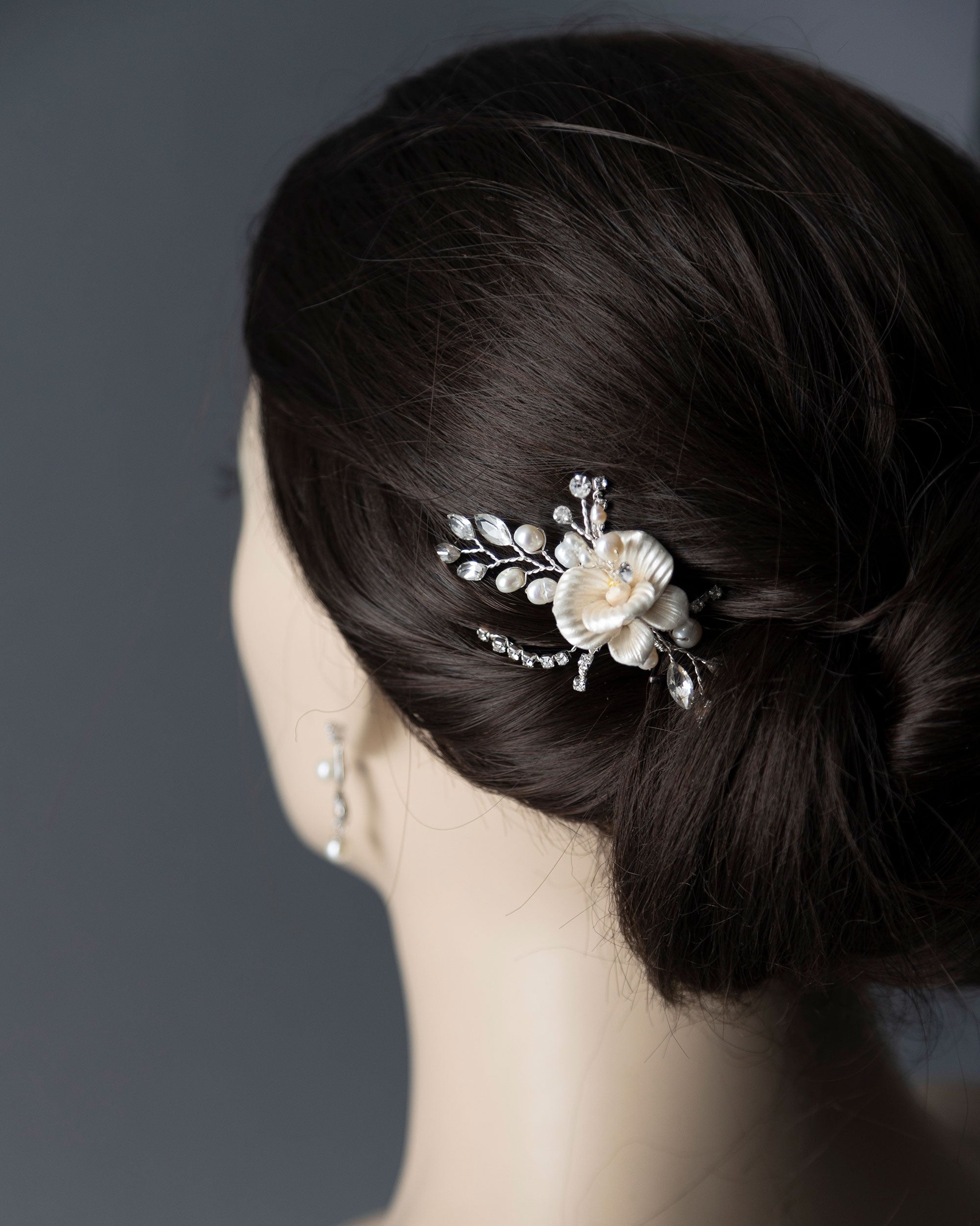 Porcelain Flower Bridal Hair Pin with Pearls - Cassandra Lynne