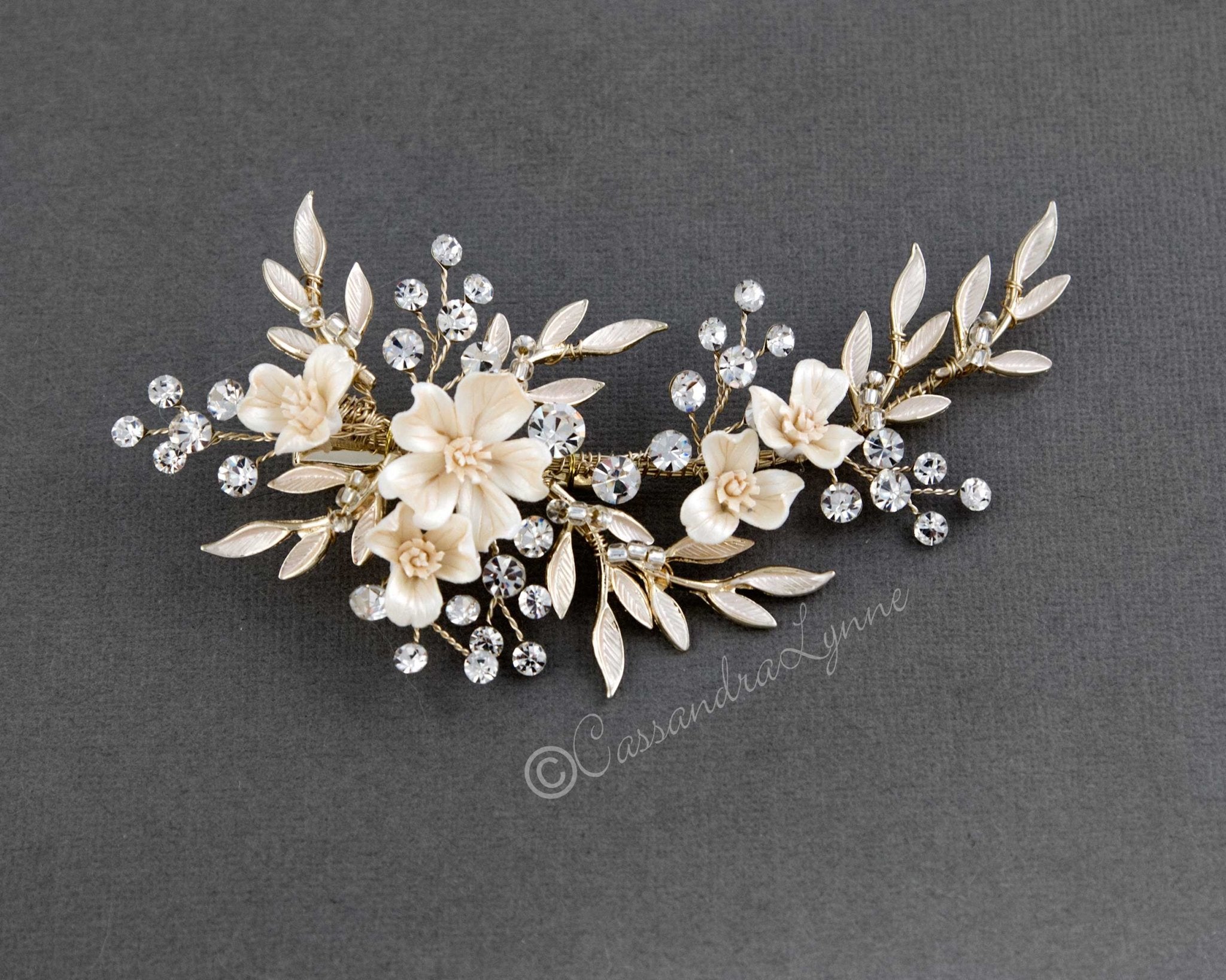 Porcelain Ivory Flowers and Crystals Bridal Clip - Hair Clips - Cassandra Lynne