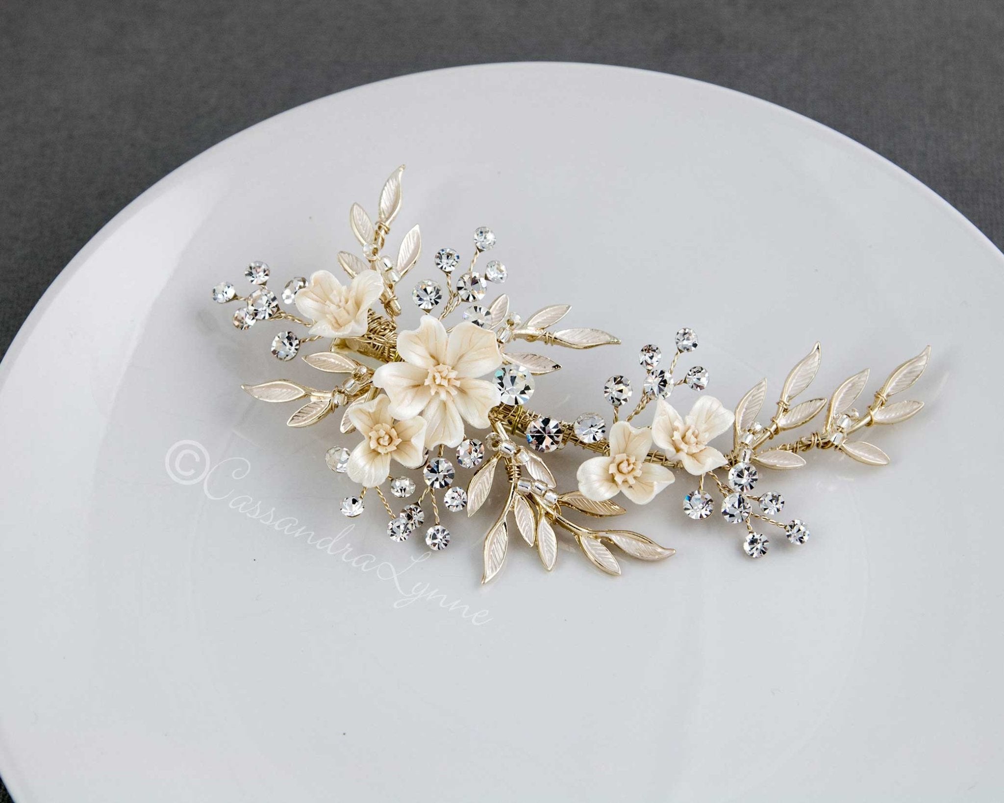 Porcelain Ivory Flowers and Crystals Bridal Clip - Hair Clips - Cassandra Lynne