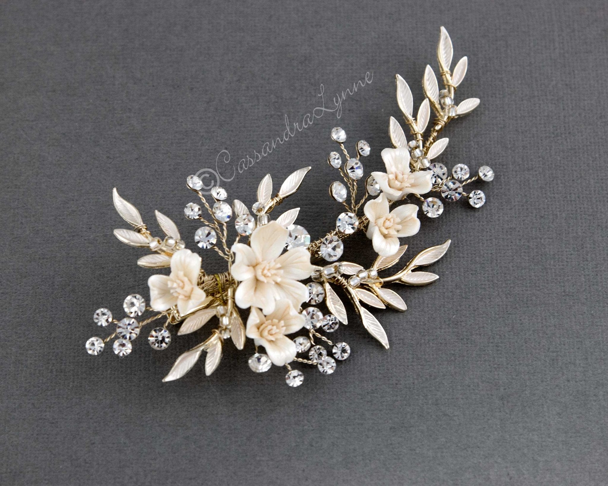 Porcelain Ivory Flowers and Crystals Bridal Clip - Hair Clips - Cassandra Lynne