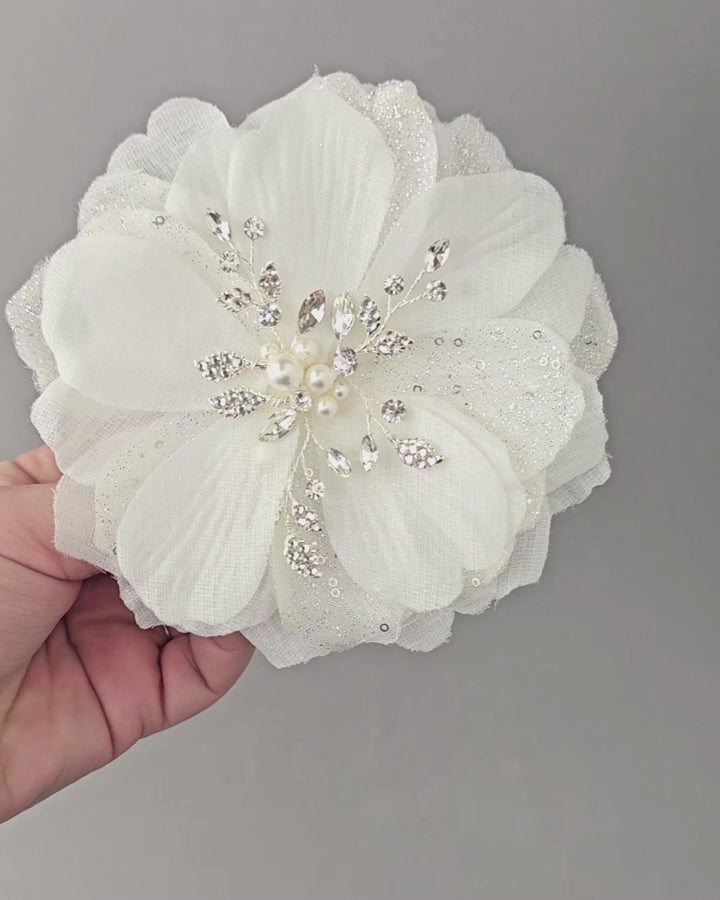 Ivory Fabric Wedding hair Flower Bridal hair Clip Pearls Rhinestones- Cassandra Lynne