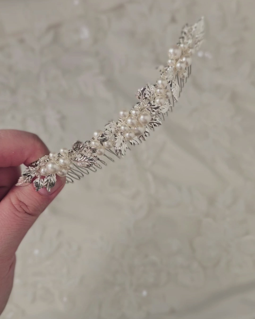 Tiara Comb of Ivory Pearls and Silver Leaves- Cassandra Lynne