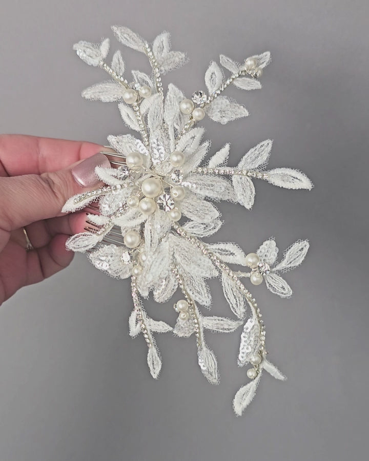 Lace Wedding HEadpiece with Pearls Sequins Bridal Vintage - Cassandra Lynne