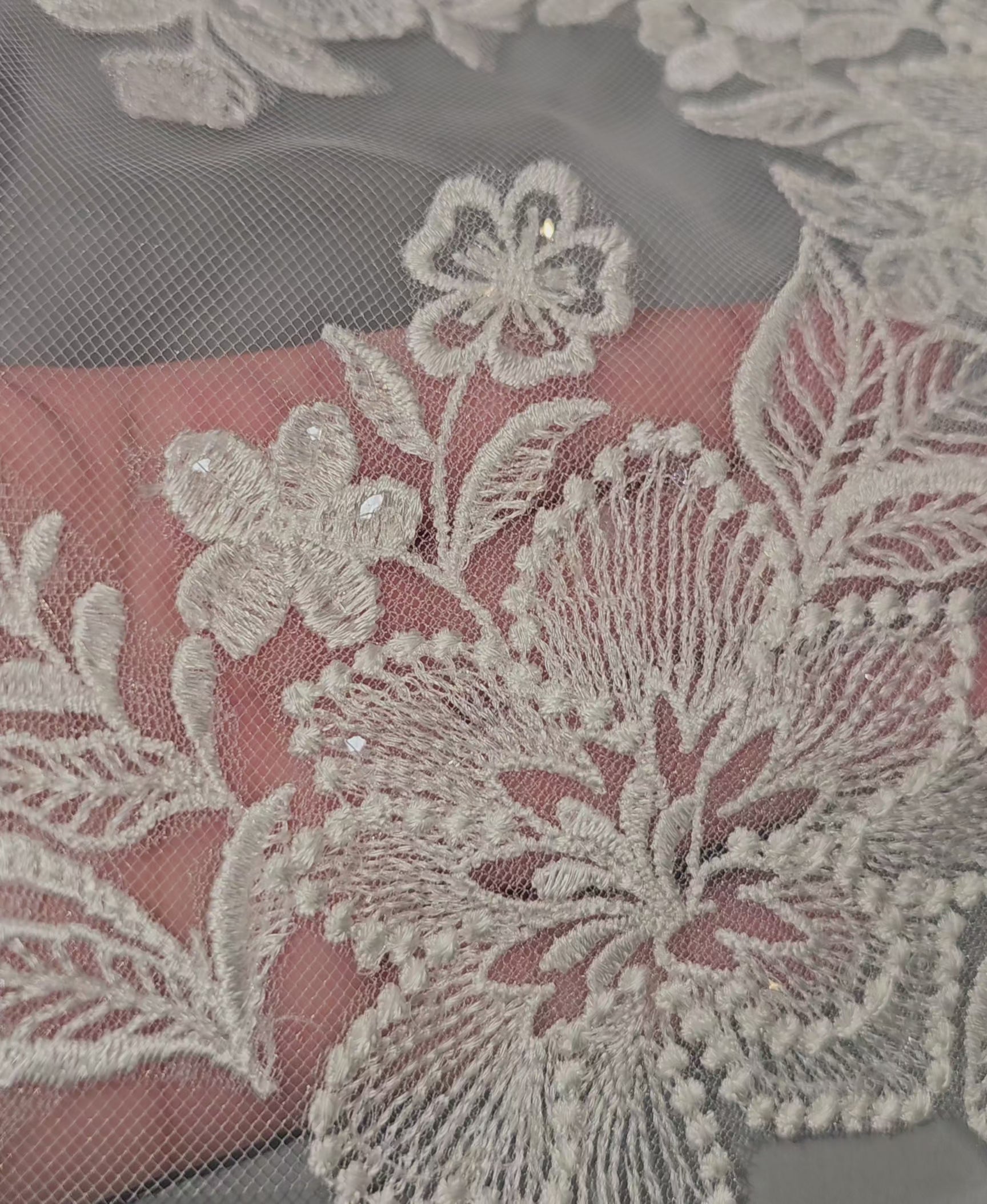 Sequined Ivory Flowers Lace Detail