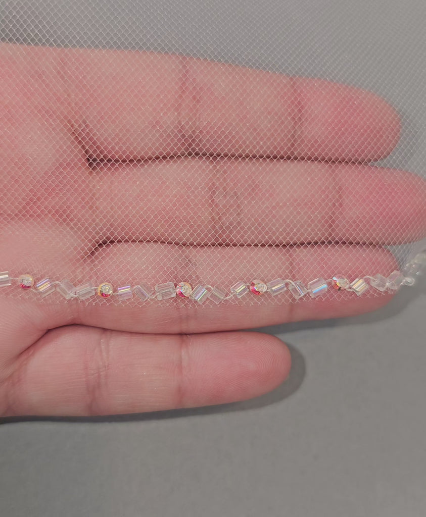 AB iridescent beads rhinestones wedding veil detail