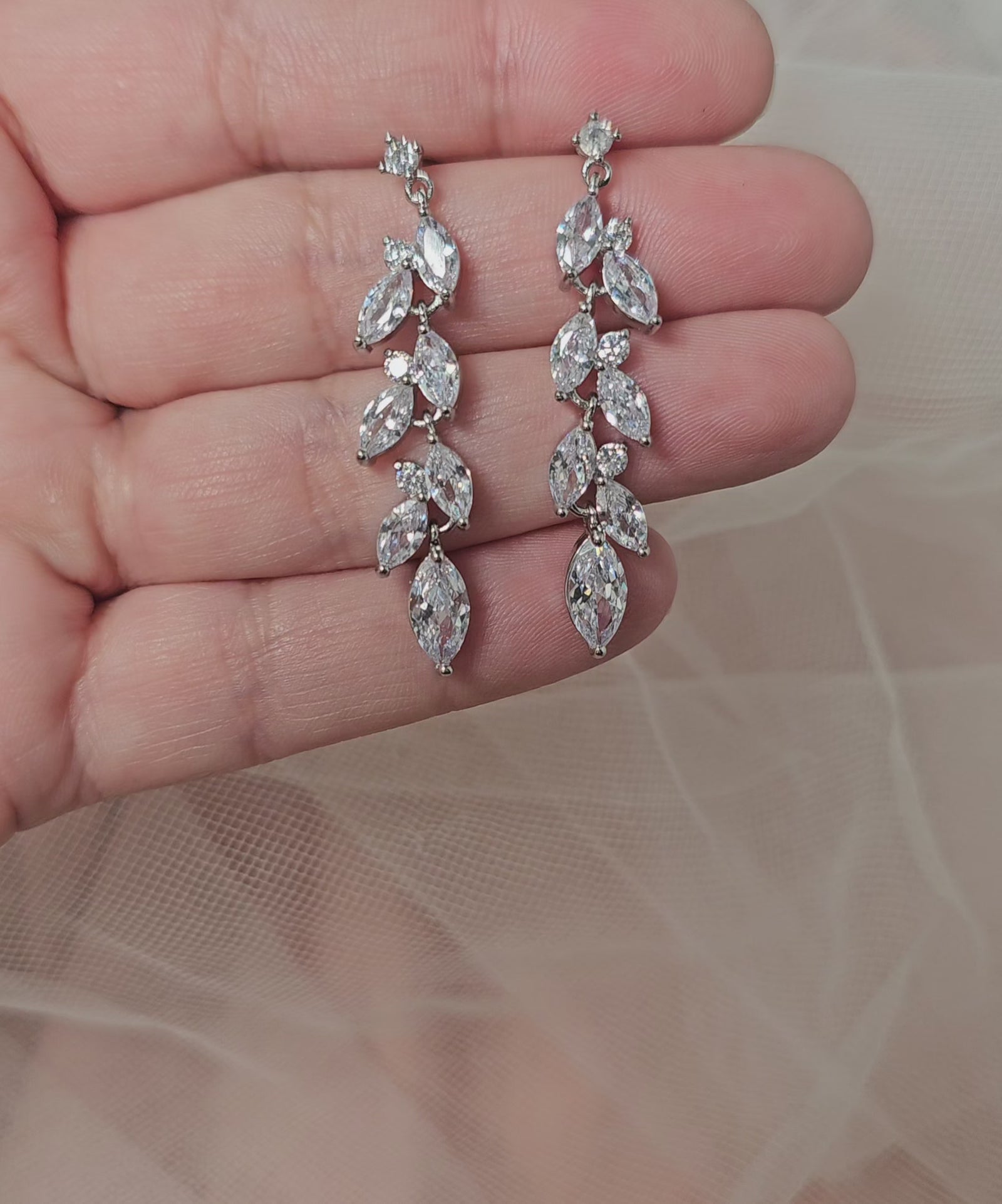 CZ Wedding Earrings with a Marquise Vine Design