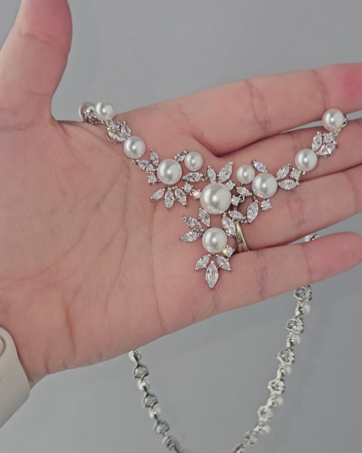 Glam Wedding Jewelry Set CZ Silver Pearls - Cassandra Lynne